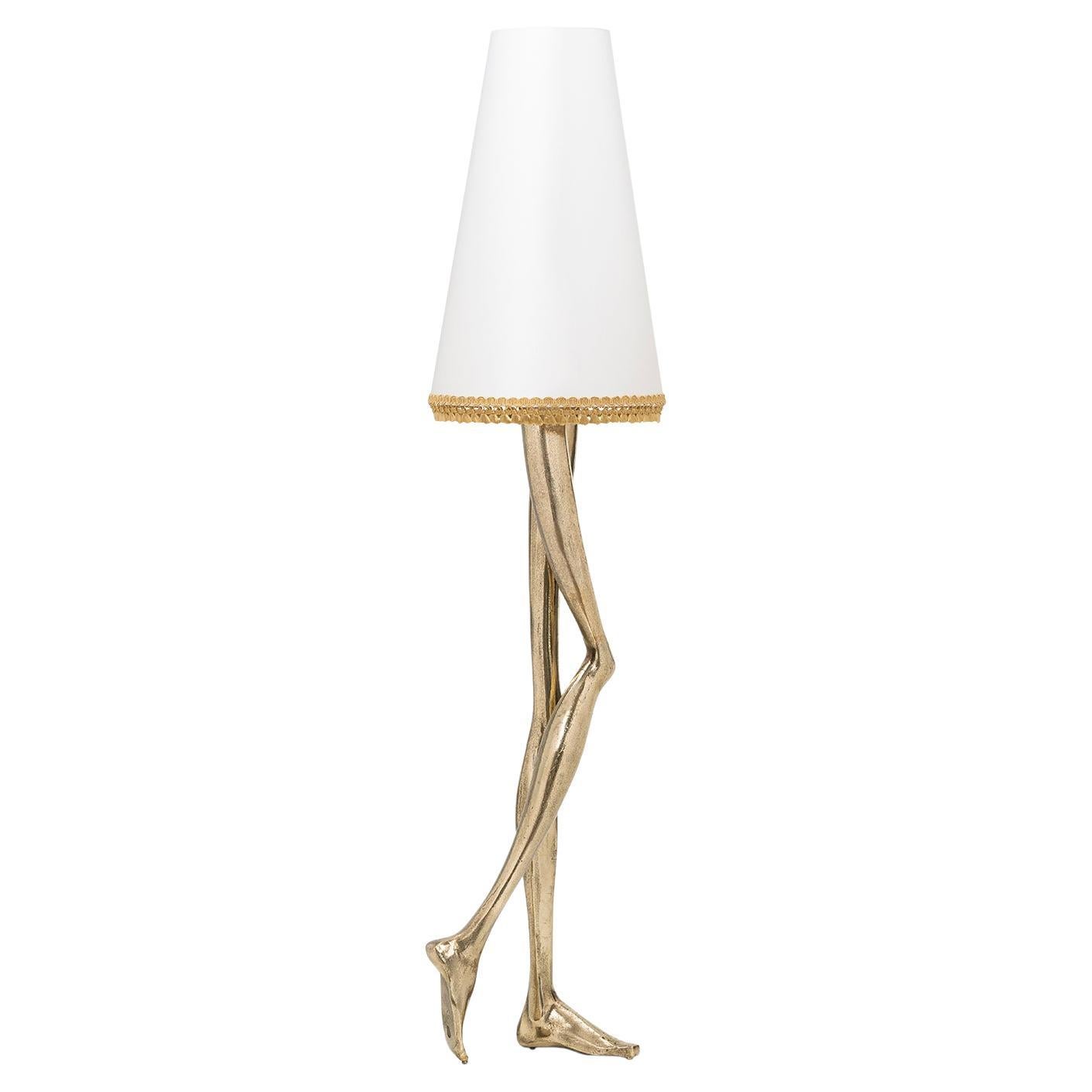 Contemporary Monroe Floor Lamp, Textured Brass Cast and an off White Lampshade For Sale