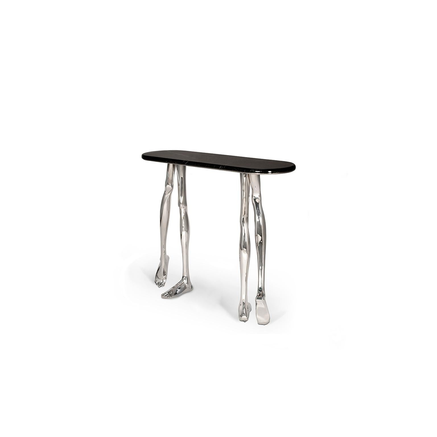 Moderne Table console contemporaine Monroe Silver Art, laiton nickelé et plateau en marbre noir en vente