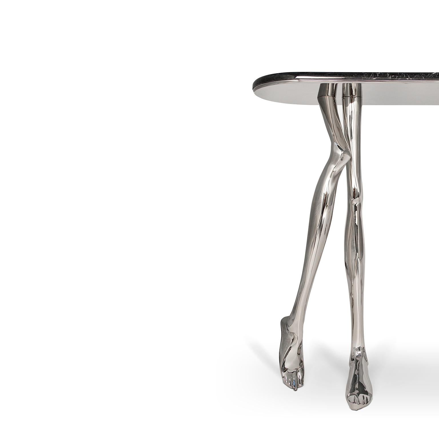 Moulage Table console contemporaine Monroe Silver Art, laiton nickelé et plateau en marbre noir en vente