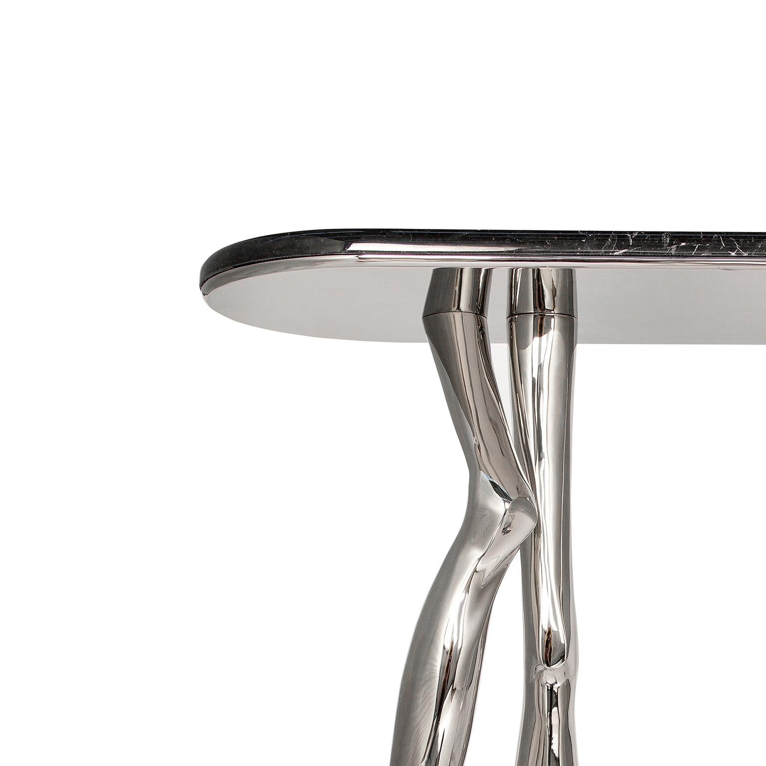 Cast Contemporary Monroe Silver Art Console Table, Nickel Brass and Black Marble Top For Sale