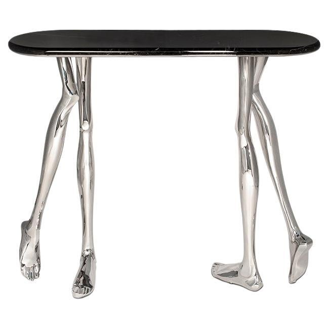 Contemporary Monroe Silver Art Console Table, Nickel Brass and Black Marble Top For Sale