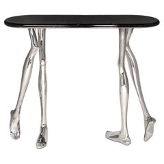 Contemporary Monroe Silver Art Console Table, Nickel Brass and Black Marble Top