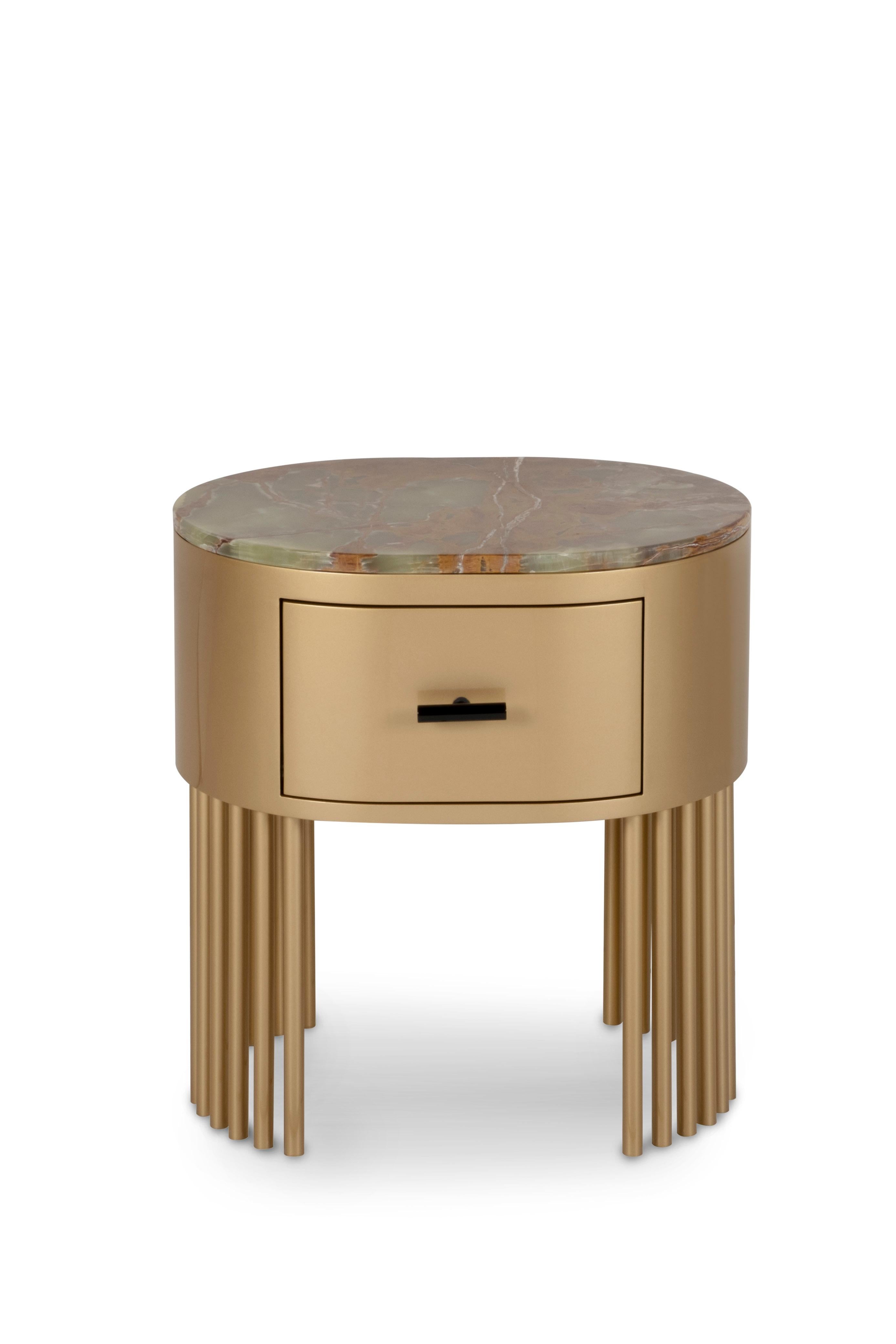 Mons Bedside Table, Contemporary Collection, Handcrafted in Portugal - Europe by Greenapple.

The Mons bedside table offers a timeless design for your living area. Mons is a wooden bedside table lacquered in gold patina effect and finished with a