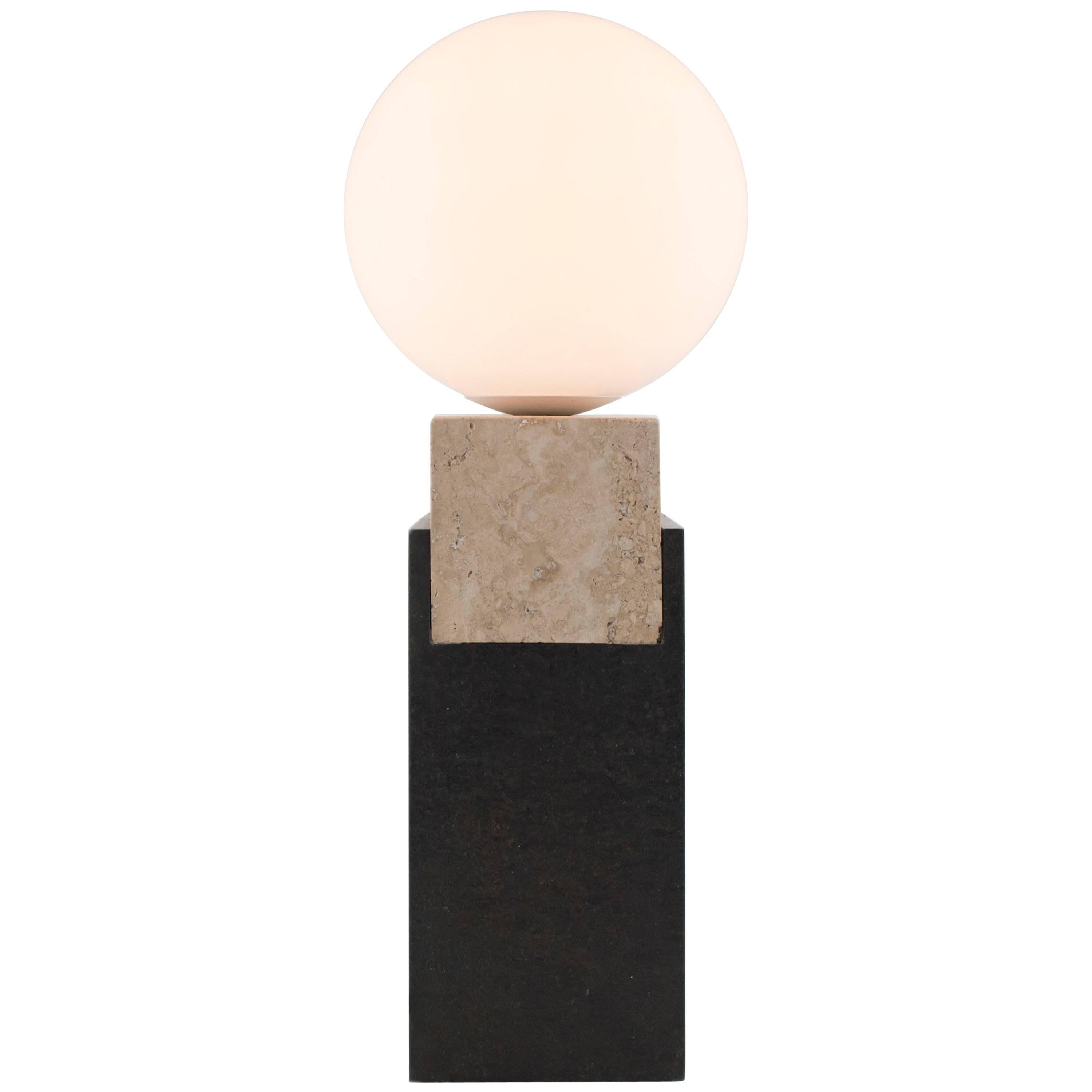 Contemporary Monument Lamp Square in Travertine, Solid Steel and Glass