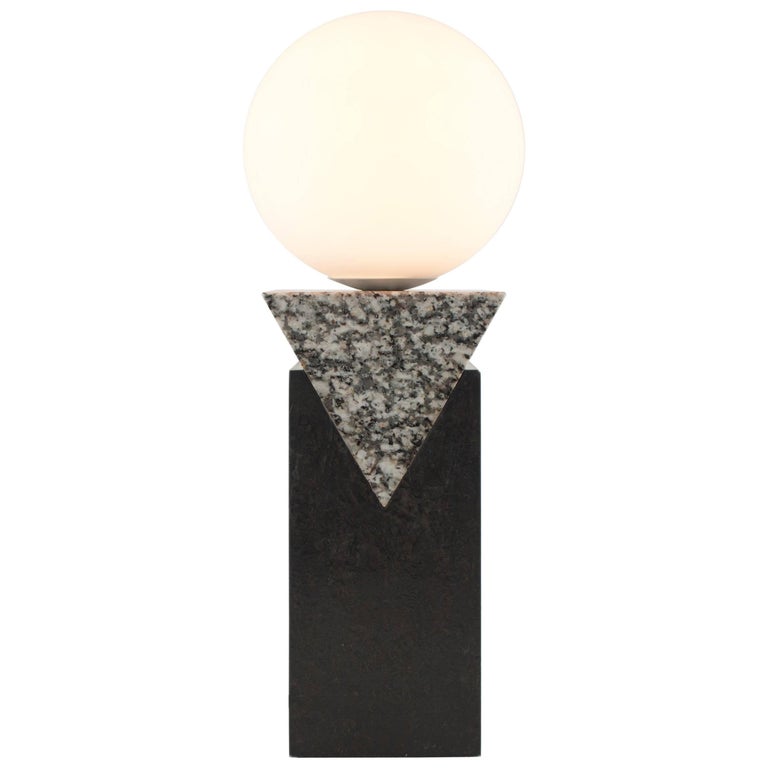 Contemporary Monument Table Lamp - Triangle in Granite, Solid Steel and Glass For Sale