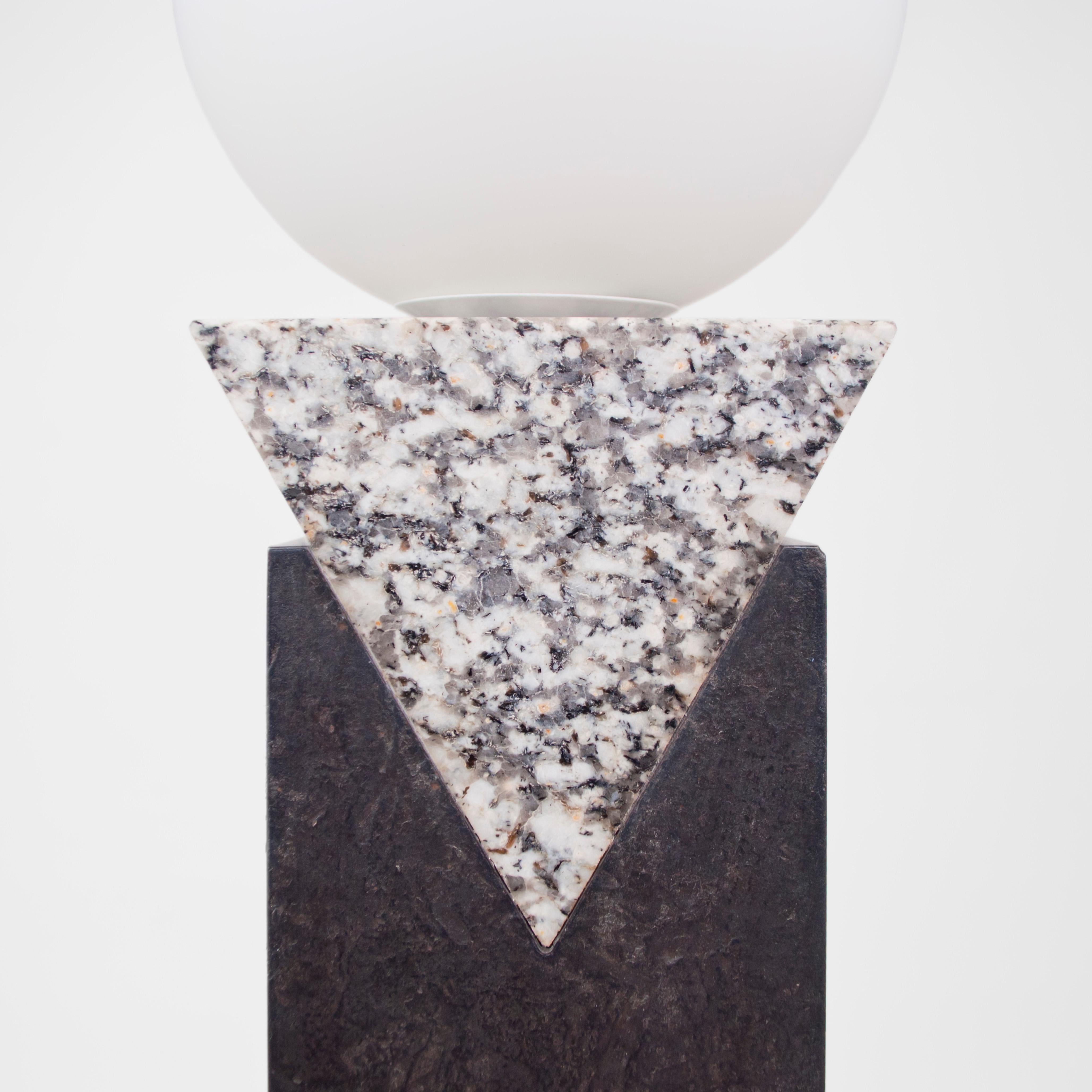 Contemporary Monument Table Lamp - Triangle in Granite, Solid Steel and Glass For Sale 3
