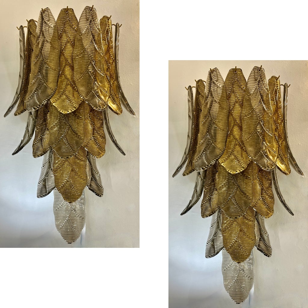 Contemporary Art Deco style grand entry wall cascading leaf sconces, in sophisticated gold and smoked colors with Hollywood regency flair. The organic design of this impressive nature inspired light fixture, in the manner of Barovier Toso, consists