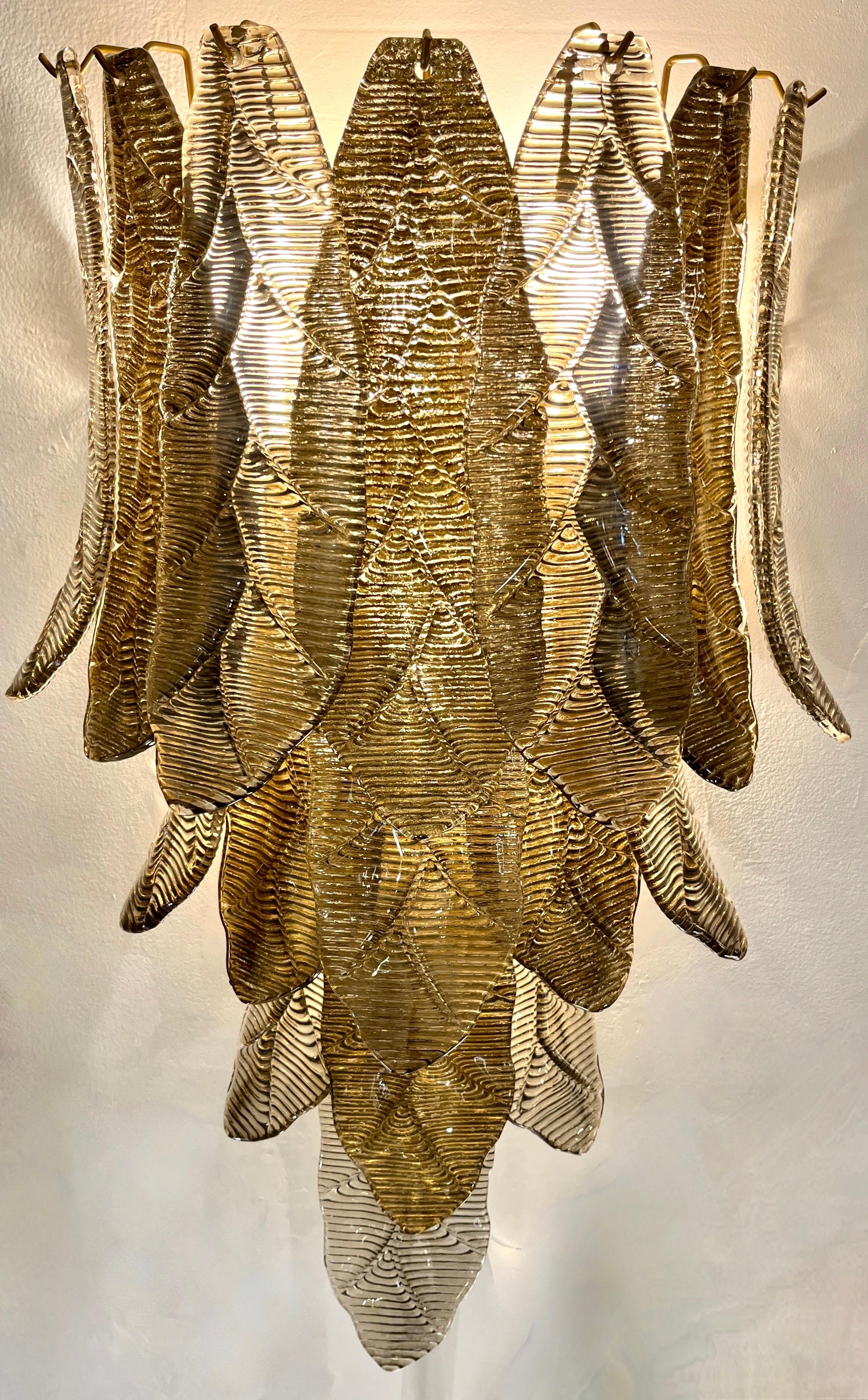 Italian Contemporary Monumental Tall Cascading Smoked Gold Murano Glass Leaf Wall Lights For Sale
