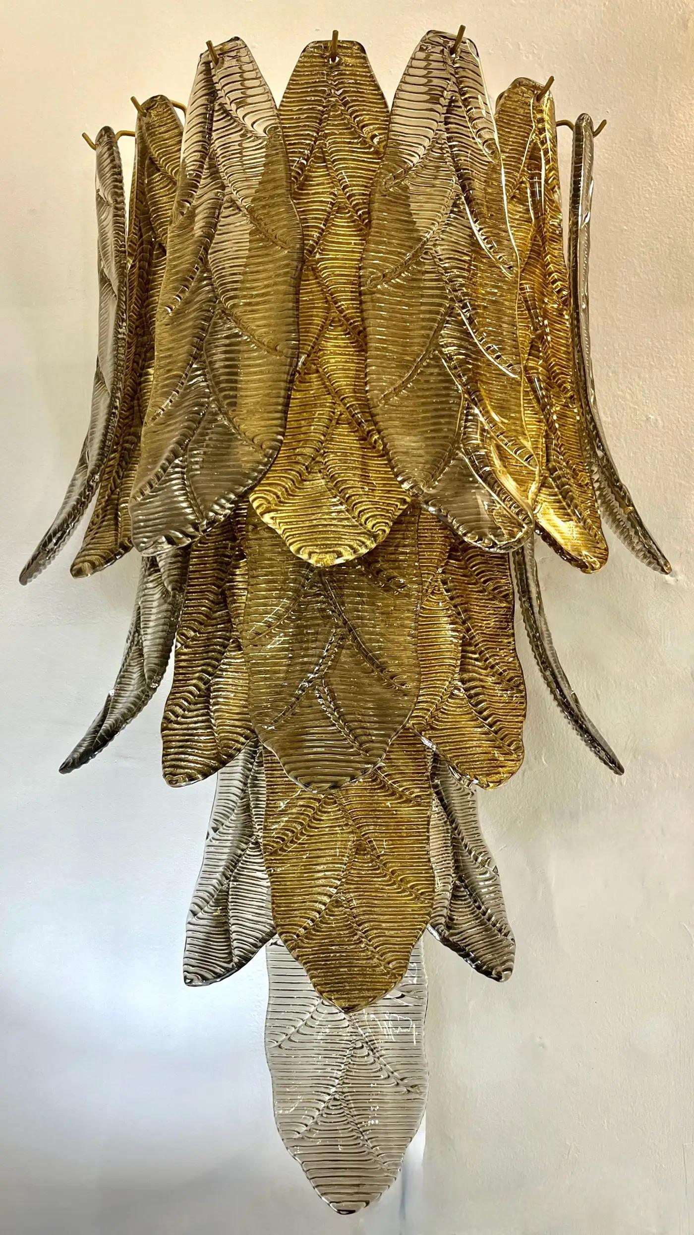 Contemporary Monumental Tall Cascading Smoked Gold Murano Glass Leaf Wall Lights In New Condition For Sale In New York, NY