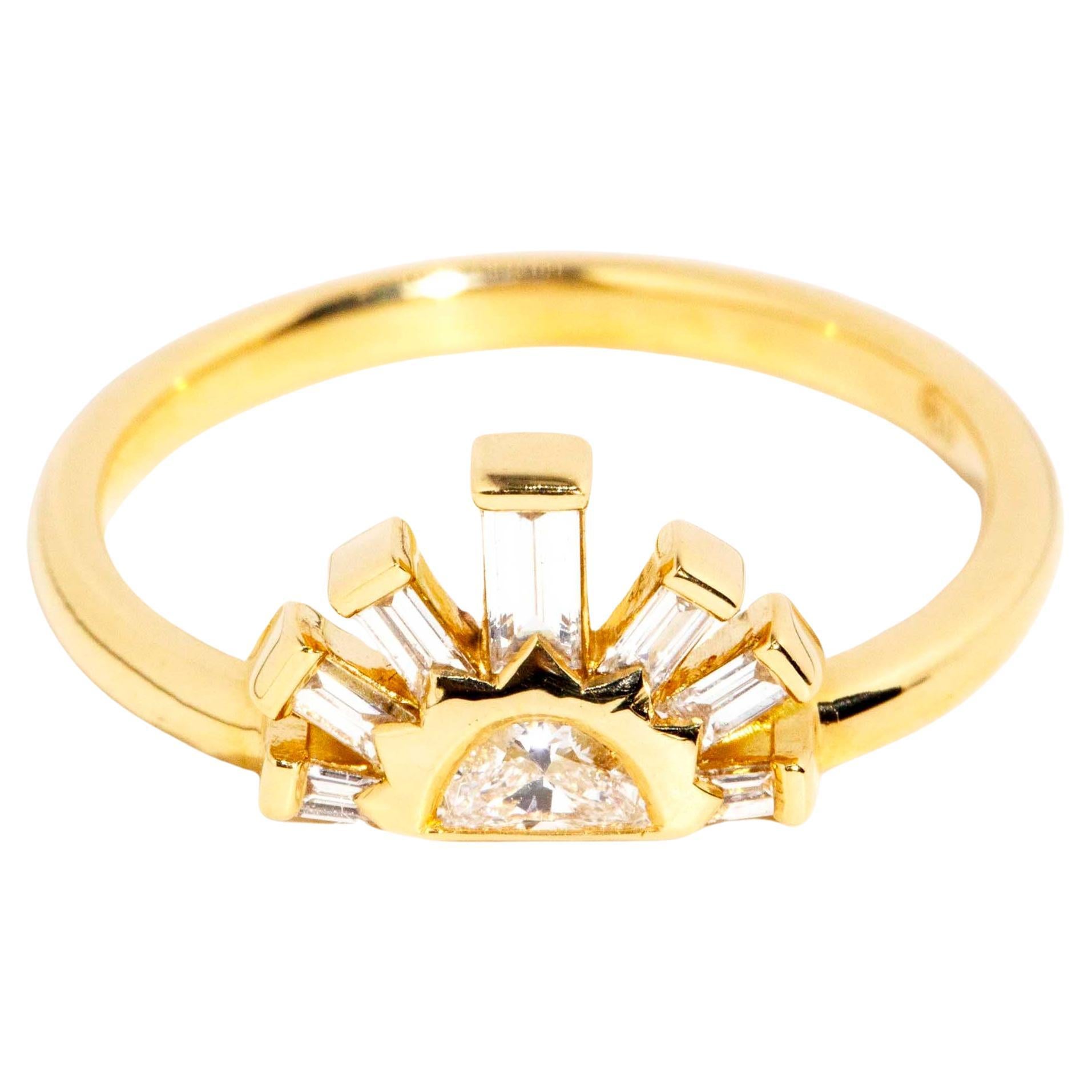 Contemporary Moon & Baguette Cut Diamond Moon & Sun Ring 18 Carat Yellow Gold For Sale