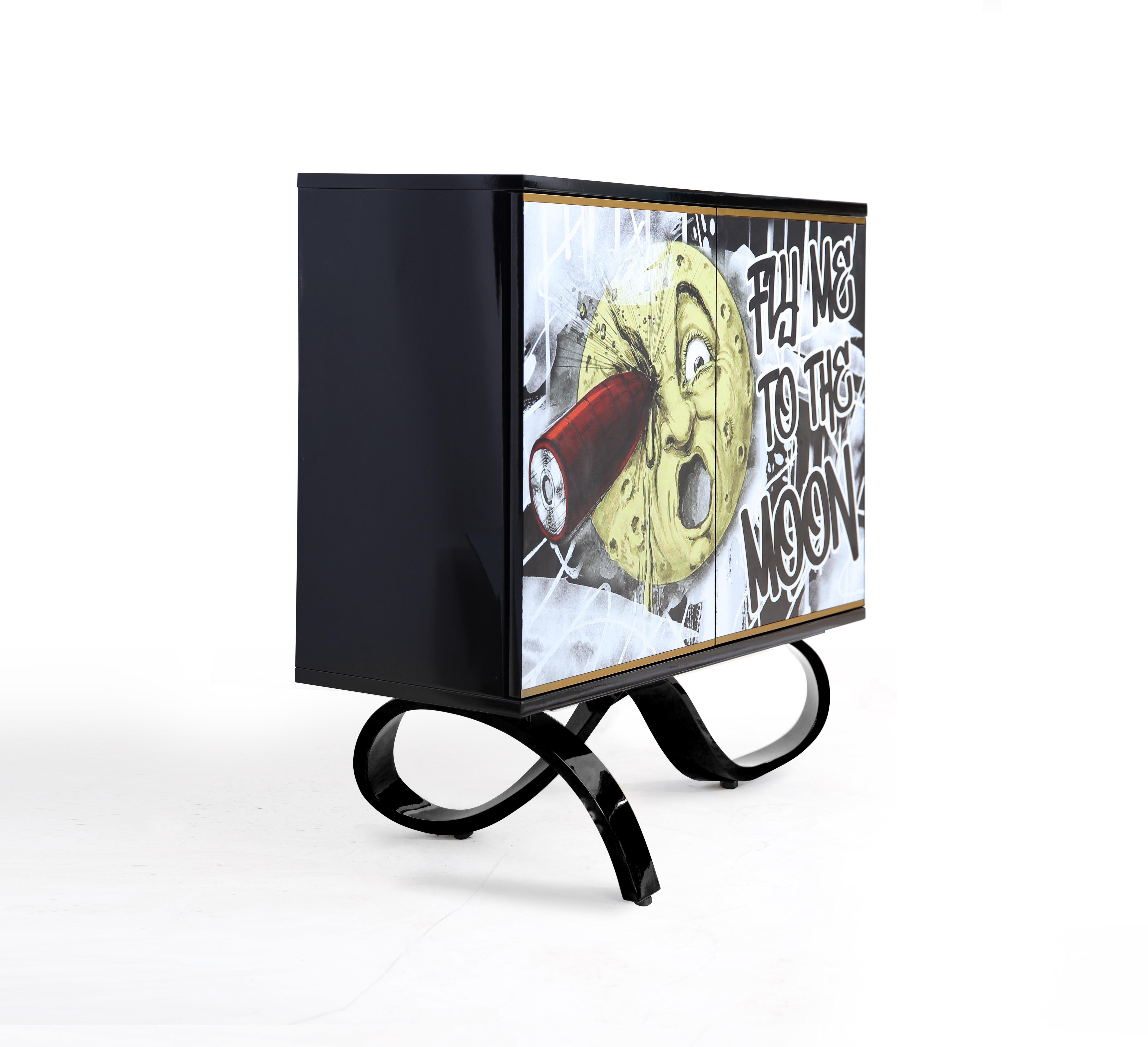 Modern Contemporary Moon Cabinet in Black High Gloss, Brass by Railis Design For Sale