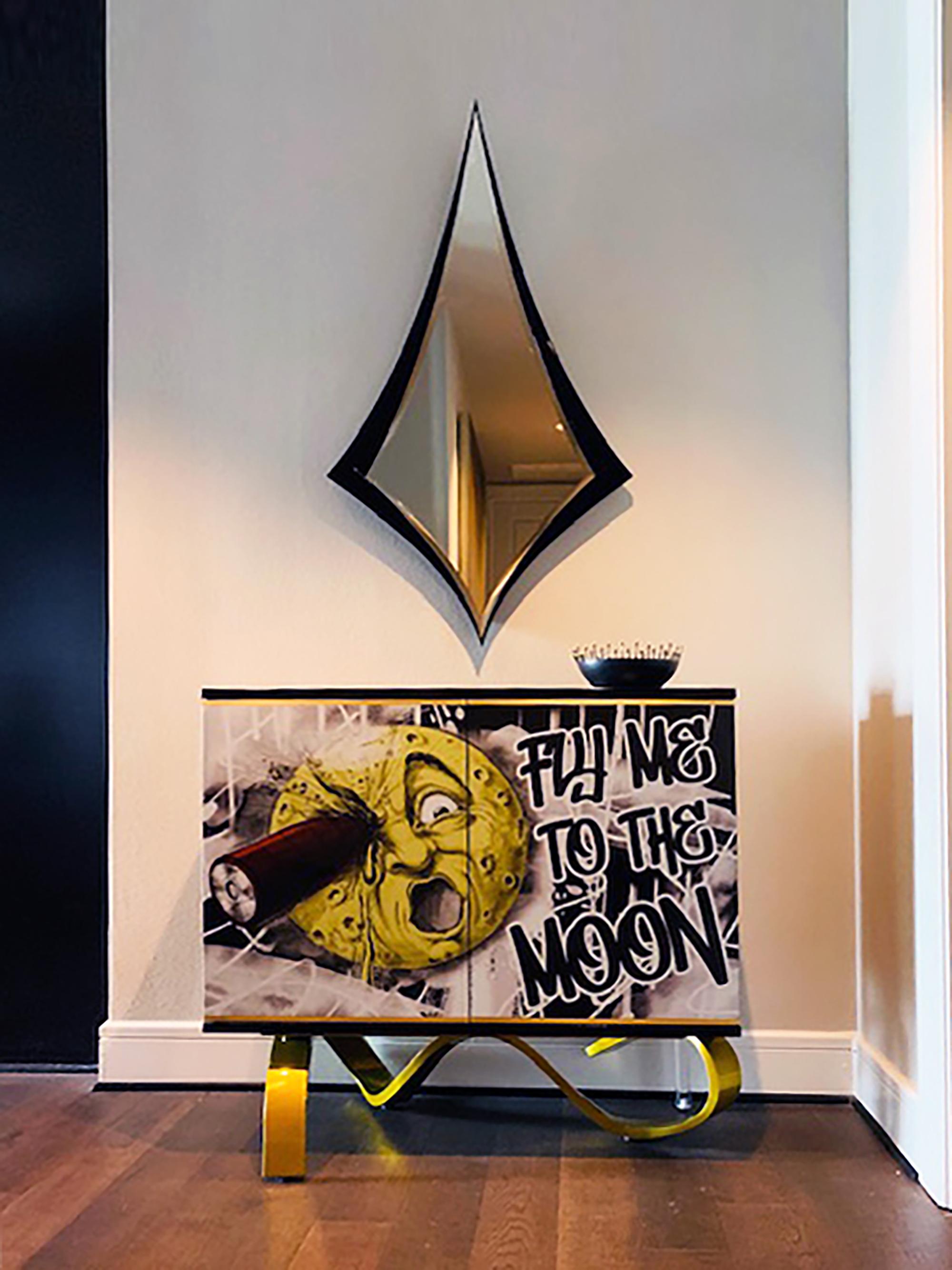 Brushed Contemporary Moon Cabinet in Black High Gloss, Brass by Railis Design For Sale