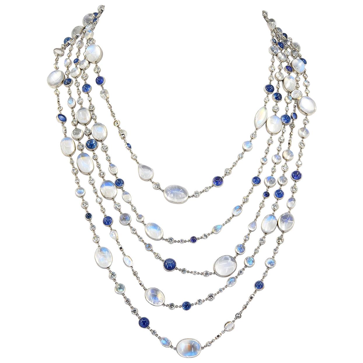 Contemporary Moonstone Sapphire Diamond Long Necklace