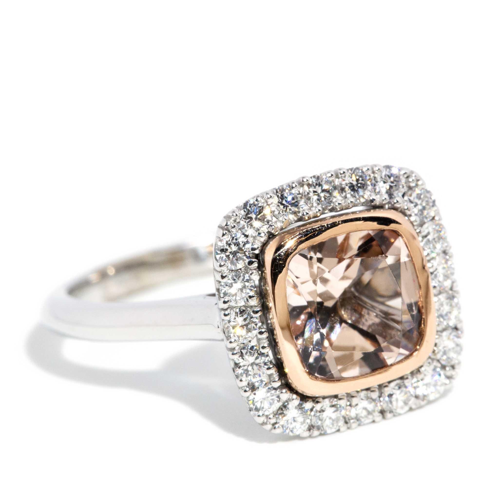 Cushion Cut Contemporary Morganite & Diamond Ring 18 Carat Rose & White Gold For Sale