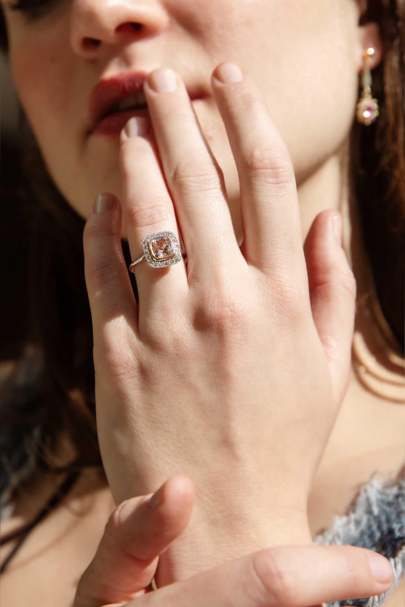 Women's Contemporary Morganite & Diamond Ring 18 Carat Rose & White Gold For Sale