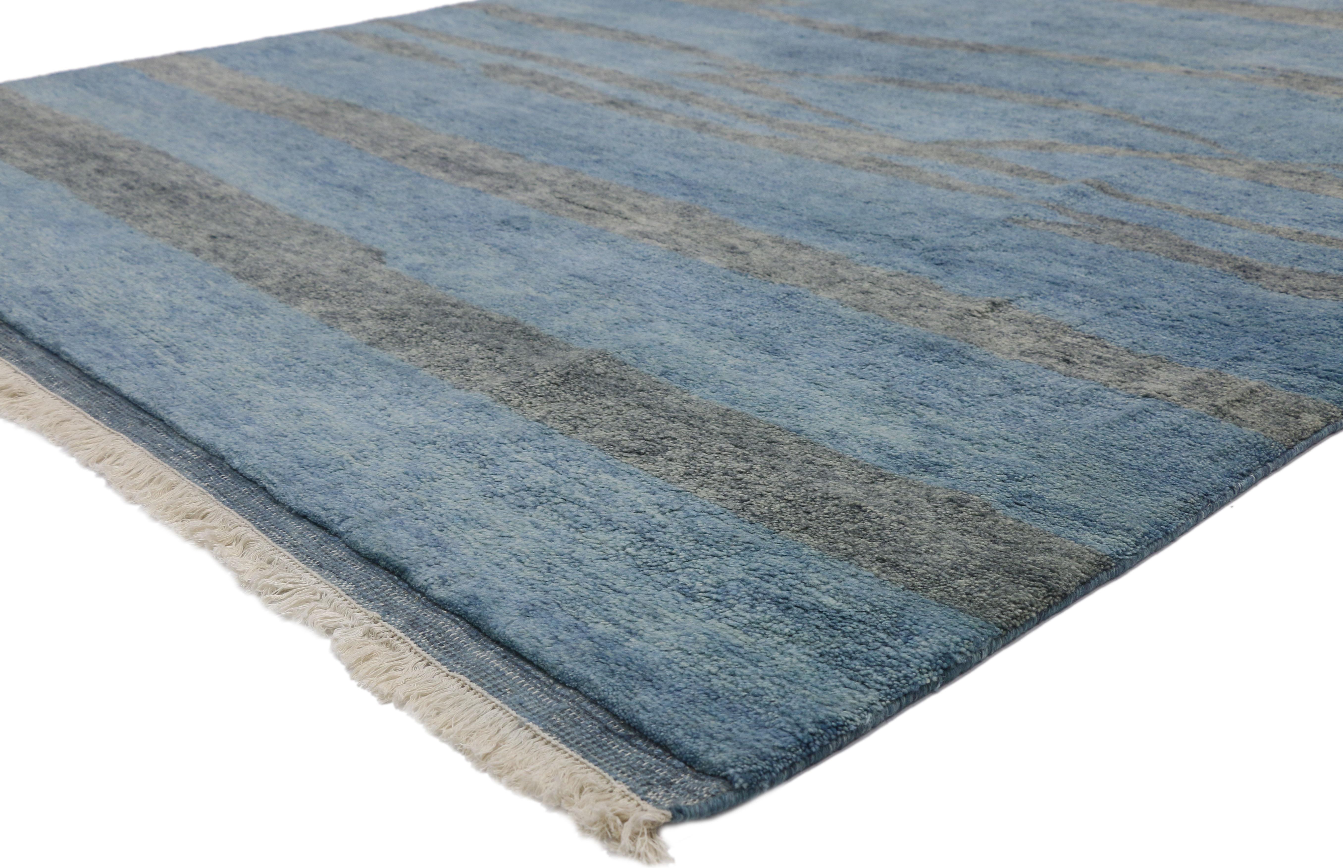 30499 New Contemporary Moroccan Area Rug with Coastal Boho Chic Style 08'06 x 10'00. With its simplicity, coastal colors and Bohemian vibes, this hand knotted wool contemporary Moroccan style area rug is a captivating vision of woven beauty. Imbued