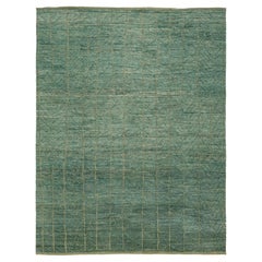 Contemporary Moroccan Green Wool Rug Features a Geometric Design