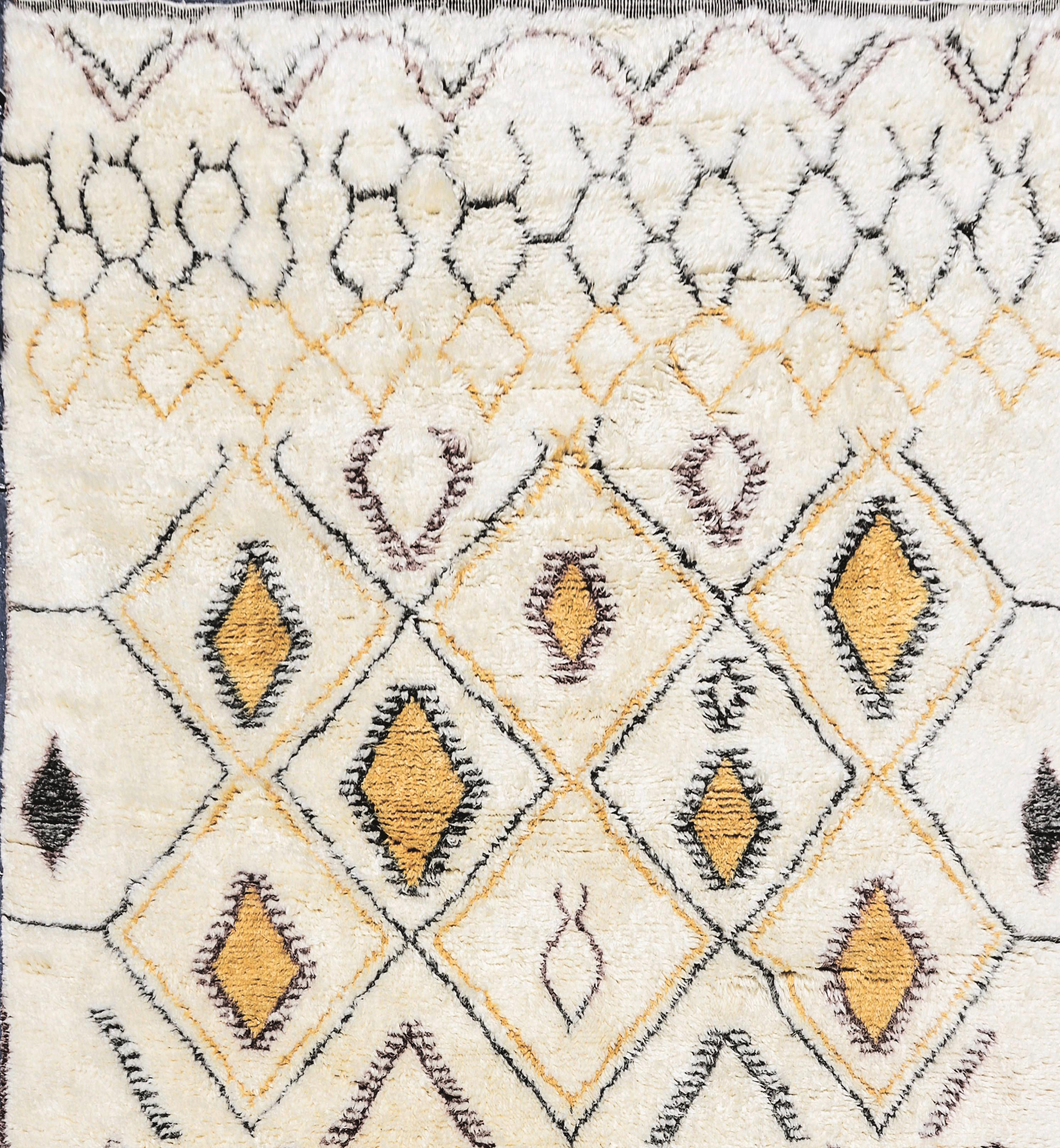 Modern Contemporary Moroccan Ivory and Multi-Color Wool Rug with Tribal Pattern