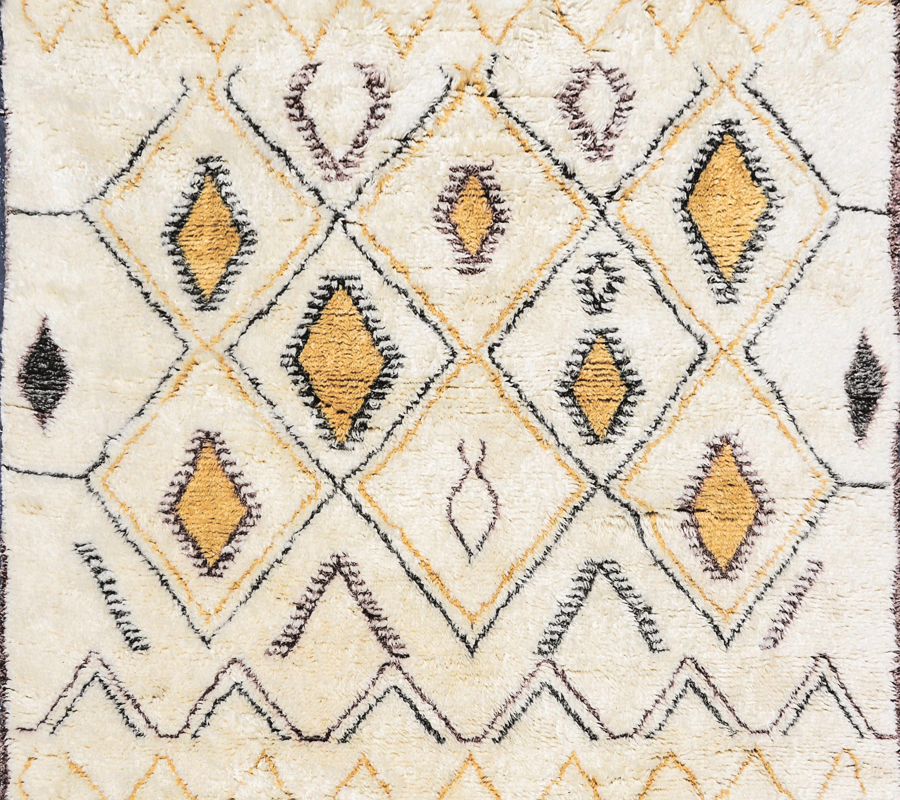 Indian Contemporary Moroccan Ivory and Multi-Color Wool Rug with Tribal Pattern