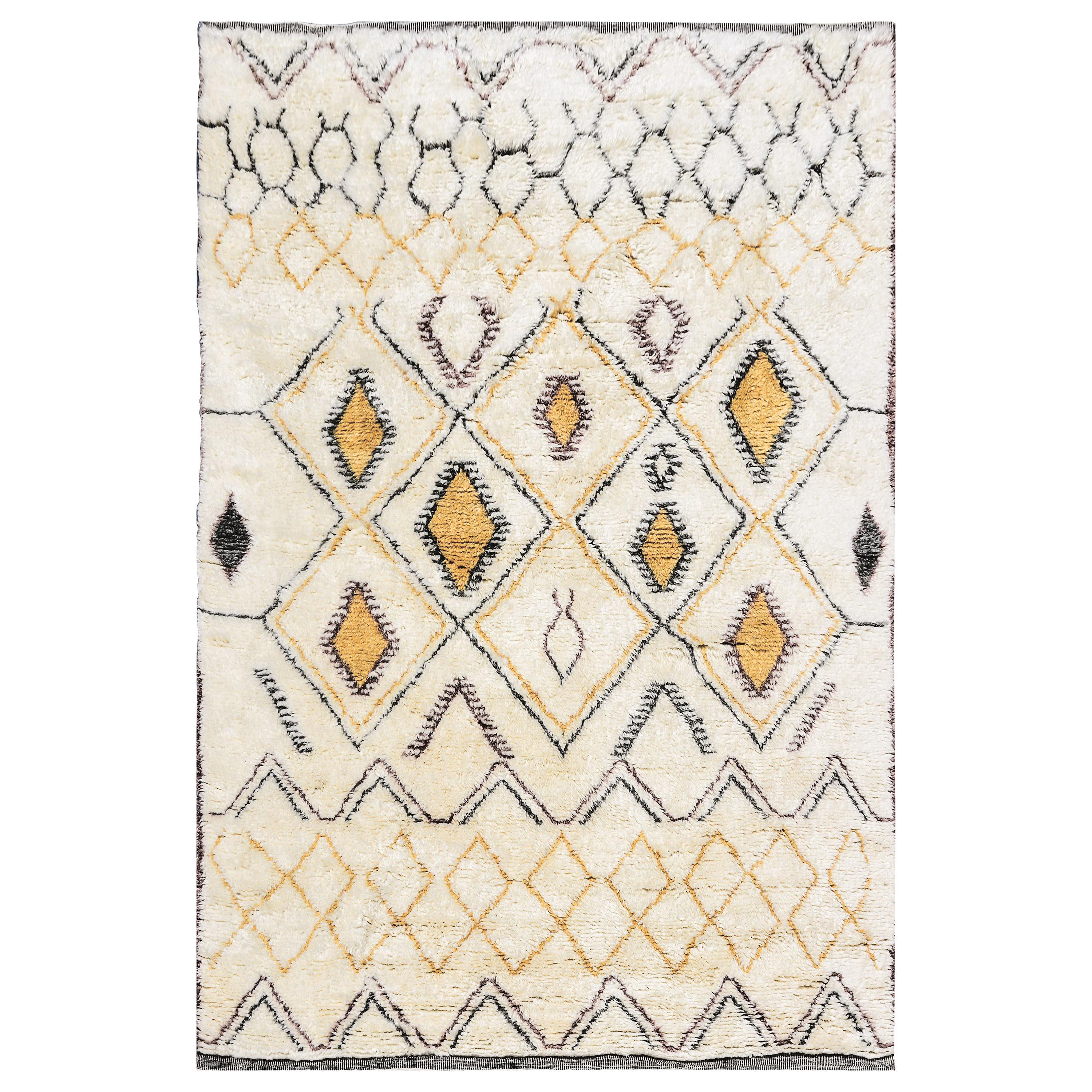 Contemporary Moroccan Ivory and Multi-Color Wool Rug with Tribal Pattern