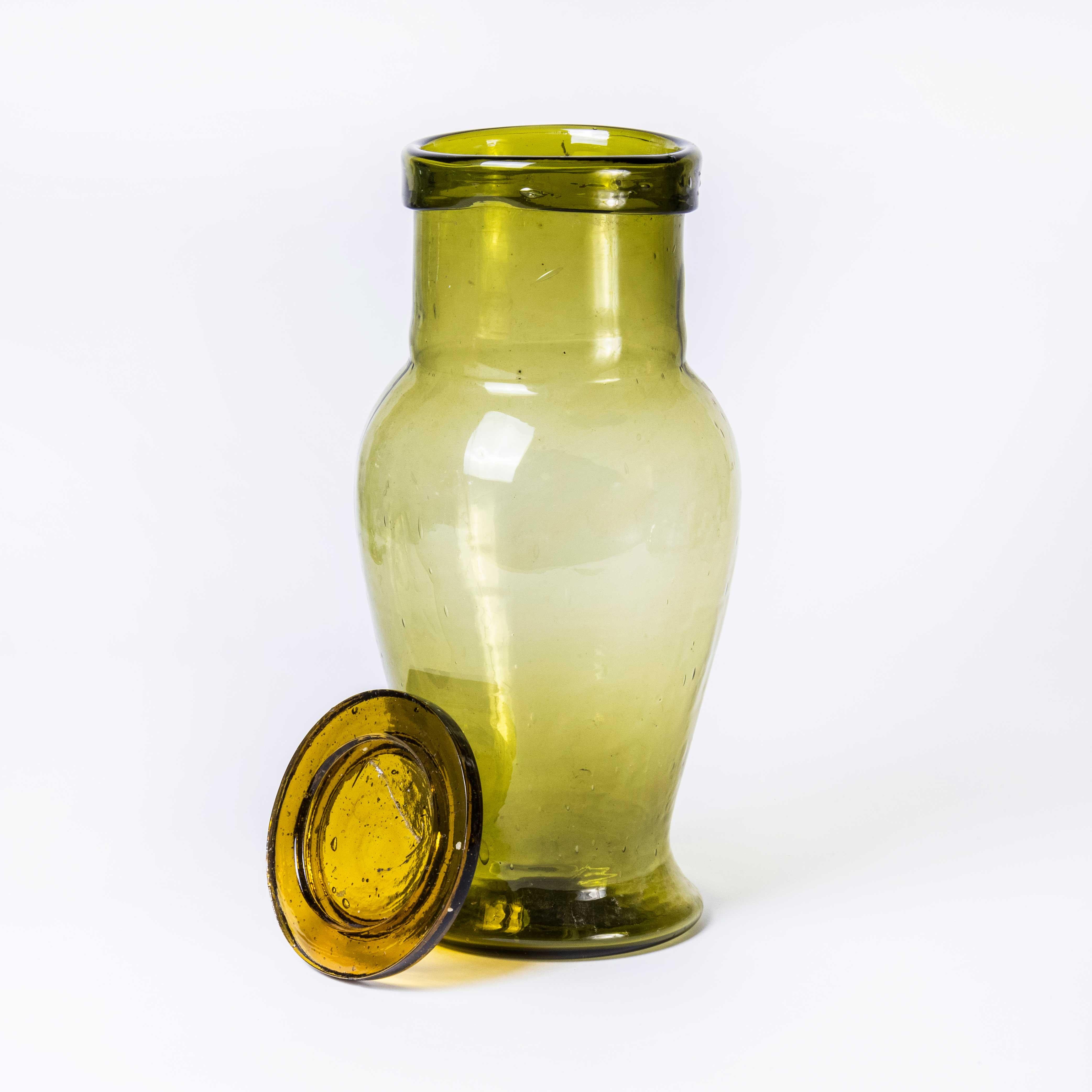 Art Glass Contemporary Moroccan Mouth Blown Glass Jar - Moss Green For Sale