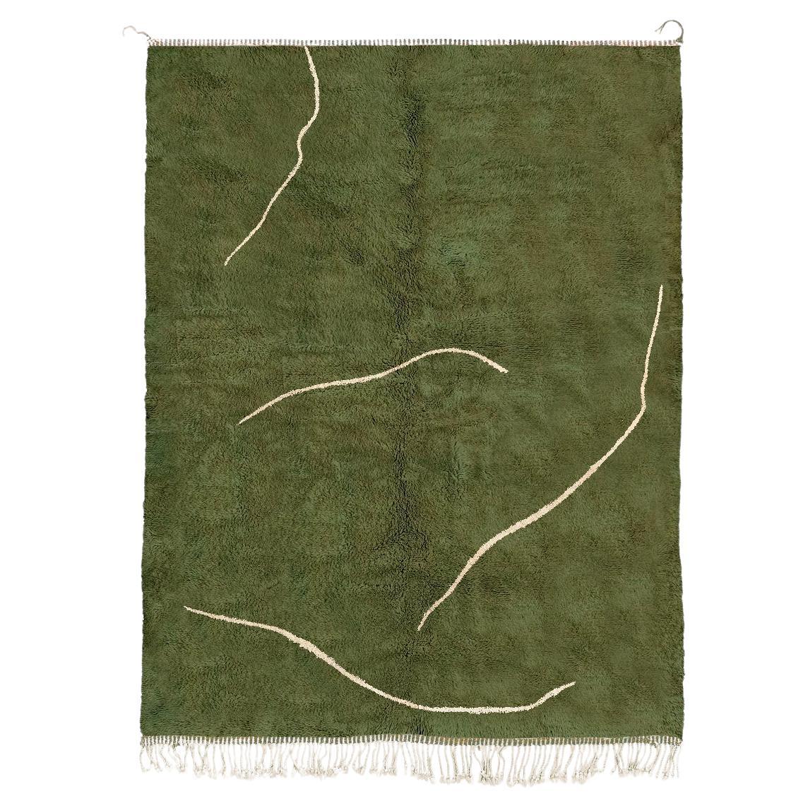 Tapis marocain Contemporary 12'x15' Green Wool Ivory Line Accents, Custom-Made