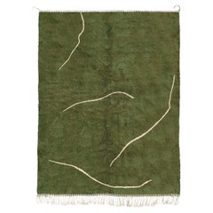 Alfombra Marroquí Contemporánea 4'x6' Lana Verde Acentos de Línea de Marfil, Hecha a Medida