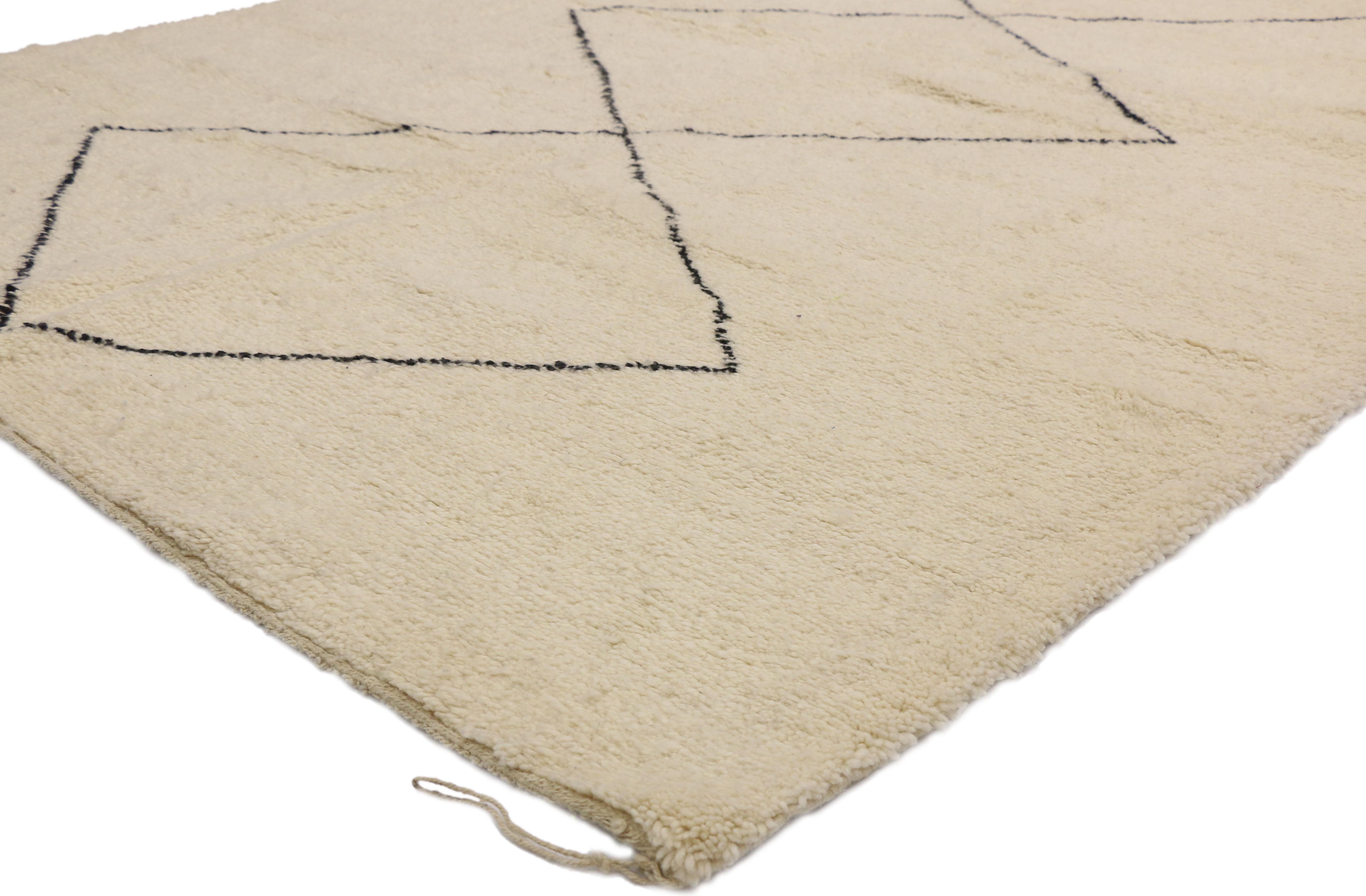 20787 Organic Modern Moroccan Beni Ourain Rug, 07'02 x 10'04. In the realm of Shibui design aesthetics, discover the allure of simplicity and refinement woven into this meticulously hand-knotted wool Moroccan Beni Ourain rug. A solitary column