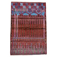 Alfombra marroquí contemporánea - Composición de rayas en escalera burdeos y cobalto
