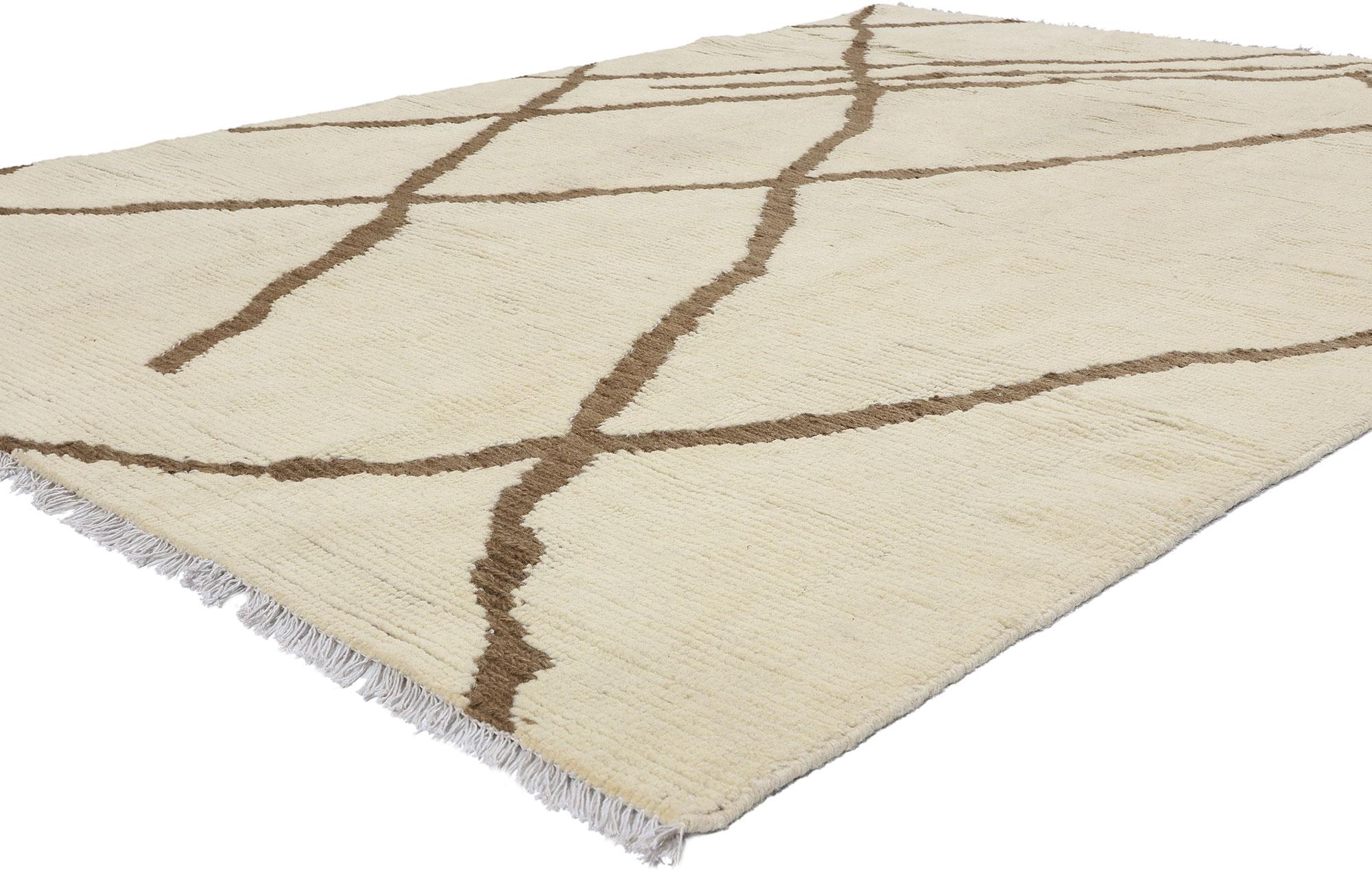 81110 Organic Modern Moroccan Rug, 05'09 x 08'03. This hand-knotted wool Moroccan area rug expertly merges Organic Modern and Shibui principles, seamlessly blending contrasting warm asymmetrical brown lines with a sandy-beige backdrop. The