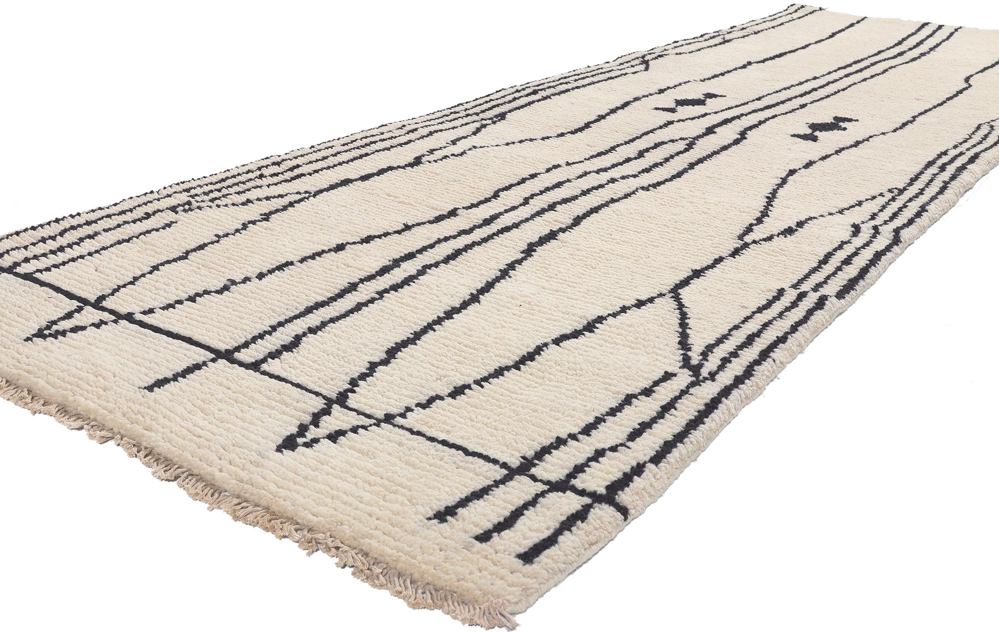 81018 Modern Moroccan Rug Runner, 03'04 x 10'11. This hand-knotted wool Moroccan rug runner skillfully combines Organic Modern and Shibui principles, seamlessly integrating contrasting asymmetrical black lines with a neutral beige backdrop. The