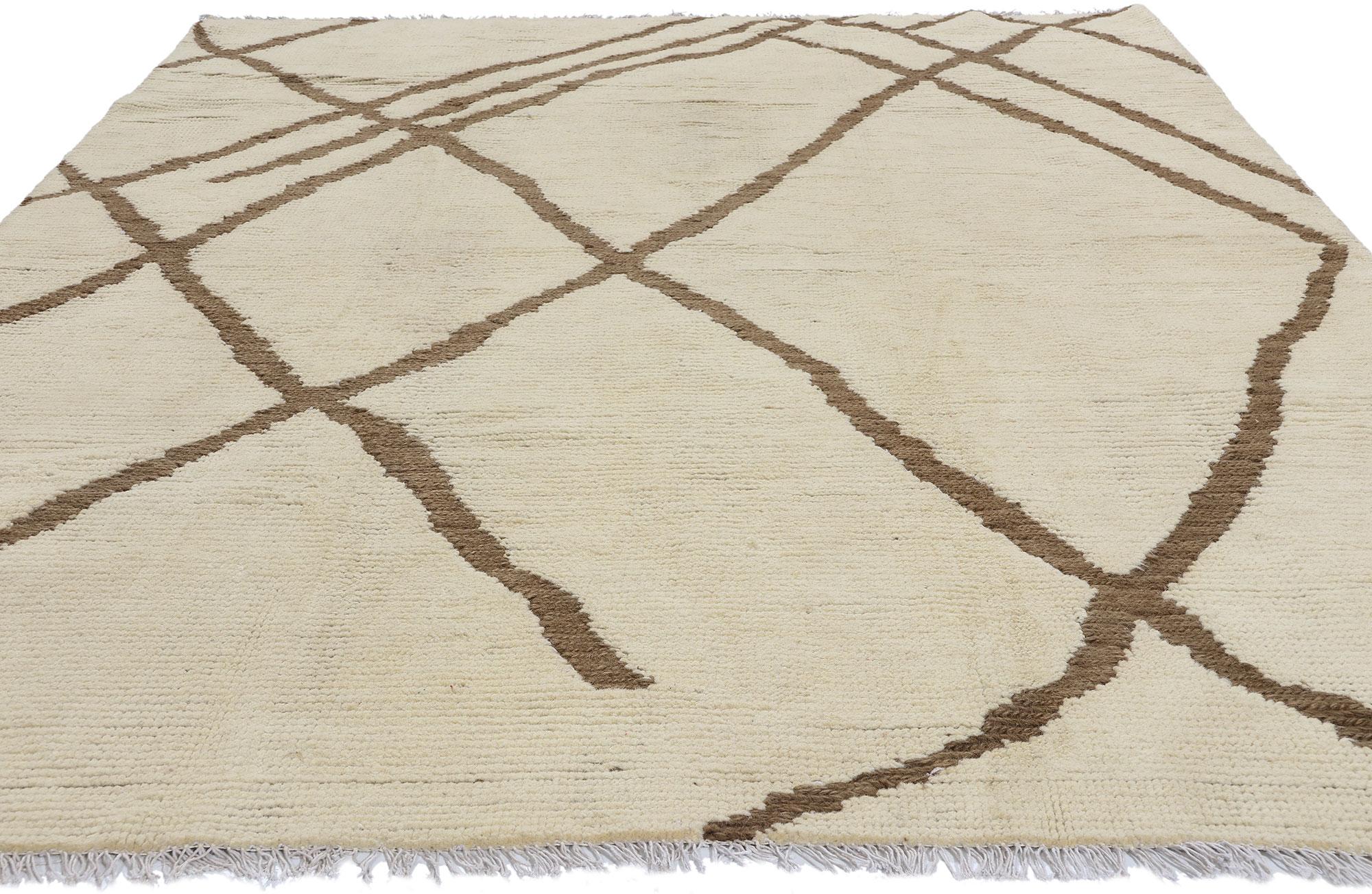 Hand-Knotted Contemporary Moroccan Rug, Cozy Organic Modern Meets Serene Shibui For Sale
