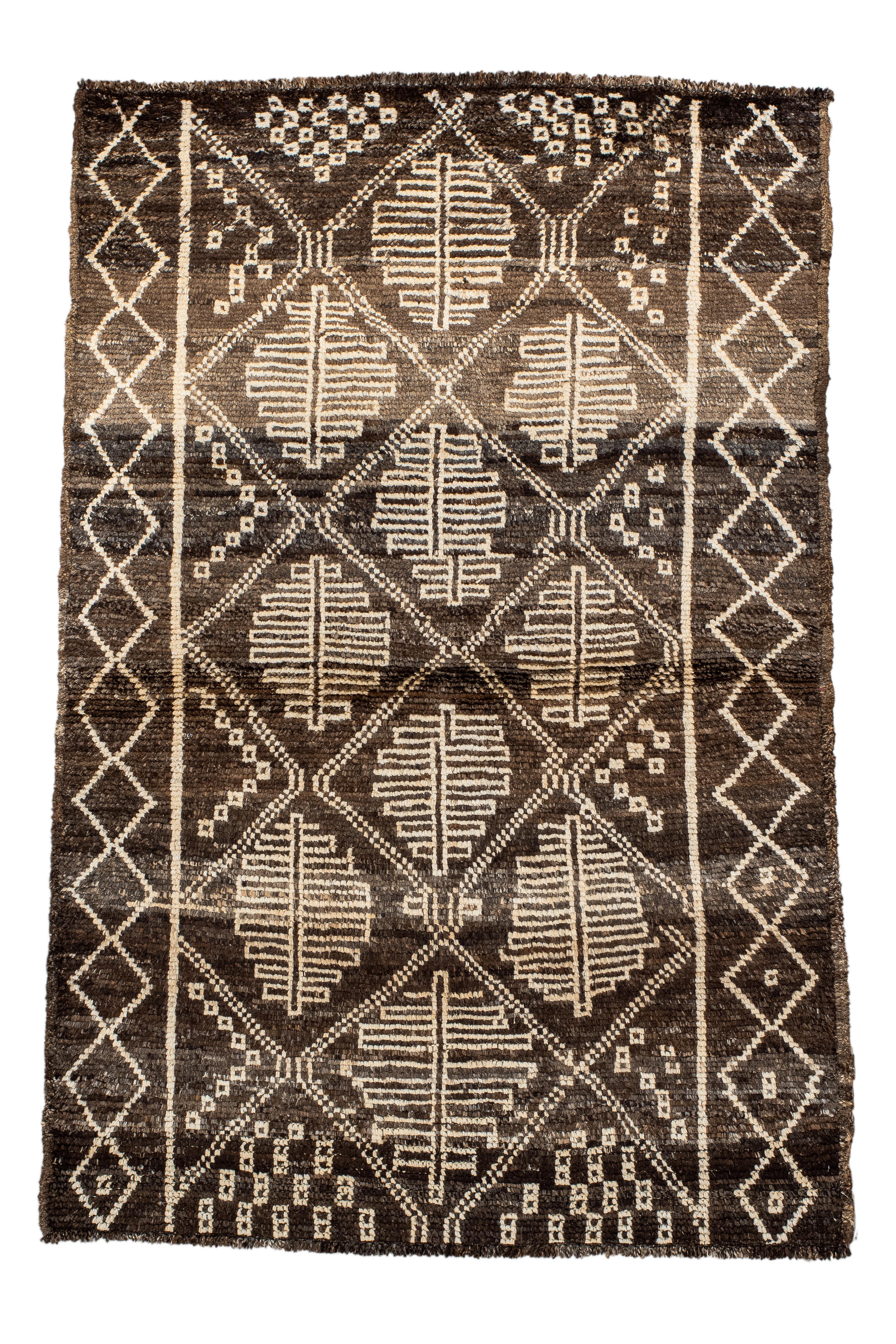 Alfombra Marroquí Contemporánea - Rejilla Tribal Espresso con Emblemas de Hojas Marfil
