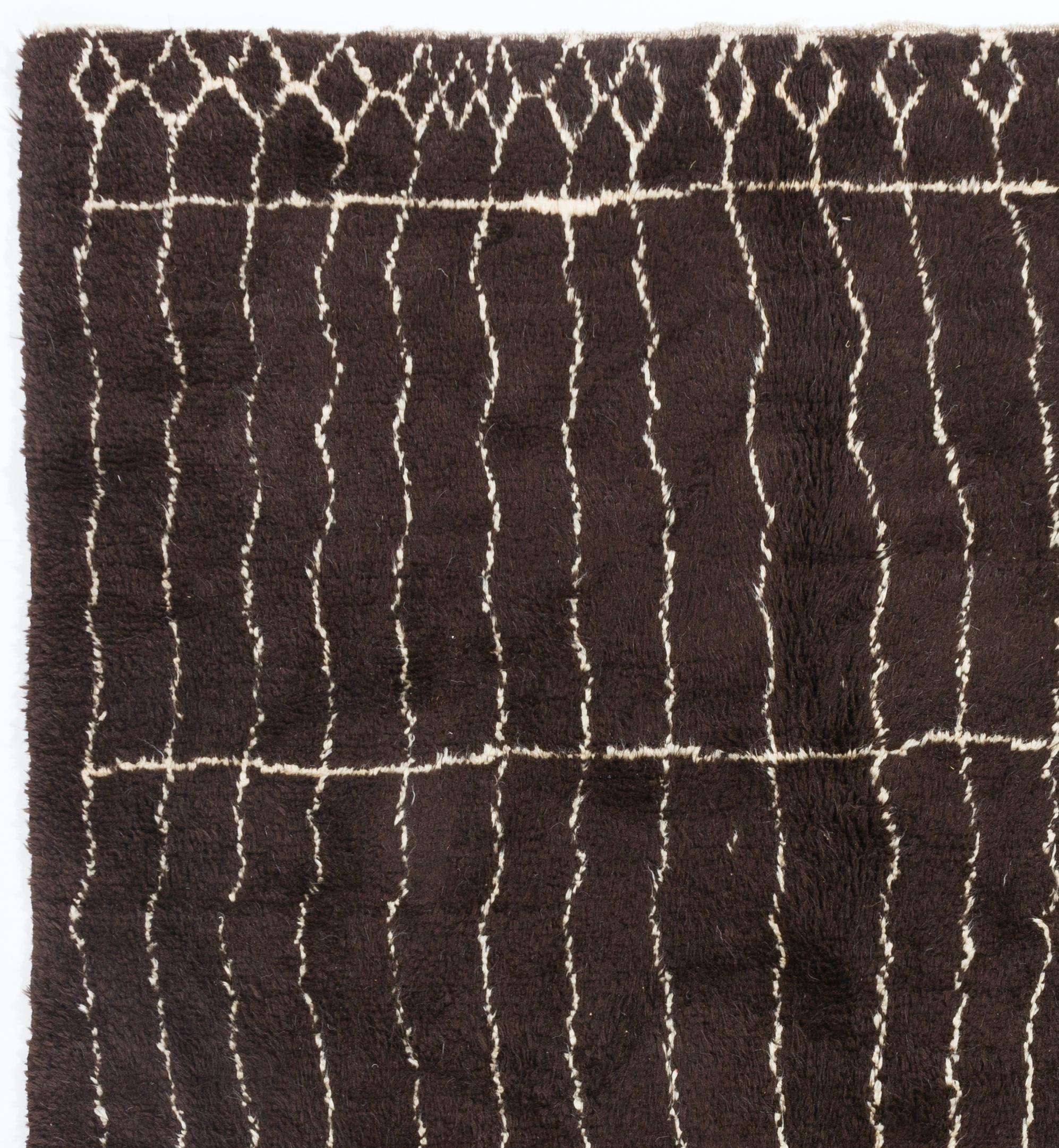 Contemporary Modern Moroccan Berber Hand-knotted Wool Rug in Dark Brown, Cream. Custom Ops. For Sale