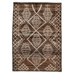 Alfombra marroquí contemporánea - Rejilla tribal de rombos con motivos de hojas bereberes