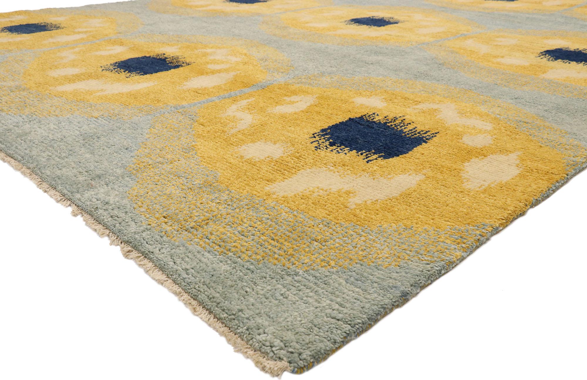 80567 Modern Moroccan Orphism Rug with Concentric Circles 10'02 x 13'09. Embark on a visual journey with our hand-knotted wool Moroccan area rug, a harmonious blend of Abstract Orphism and contemporary elegance. Inspired by the mesmerizing works of