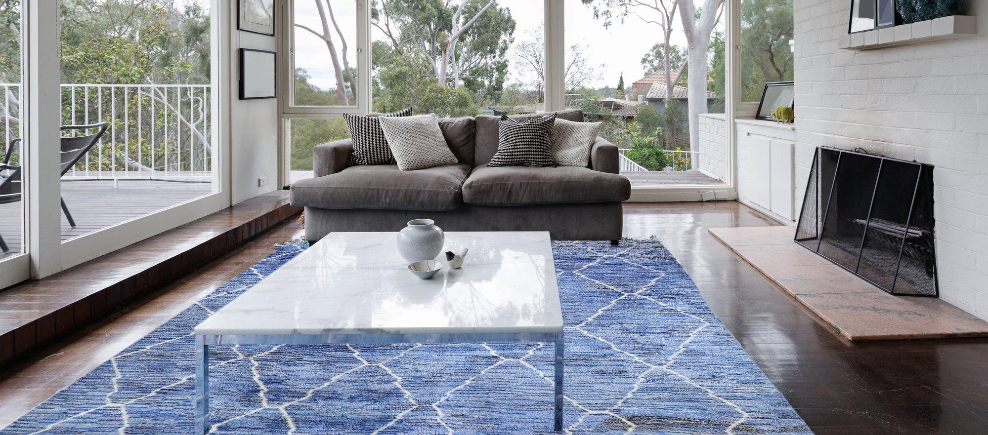 20799, contemporary Moroccan rug with Postmodern Memphis style, blue Berber area rug. This hand knotted wool contemporary Moroccan area rug with Postmodern Memphis style features an all-over diamond lattice pattern spread across an abrashed field of