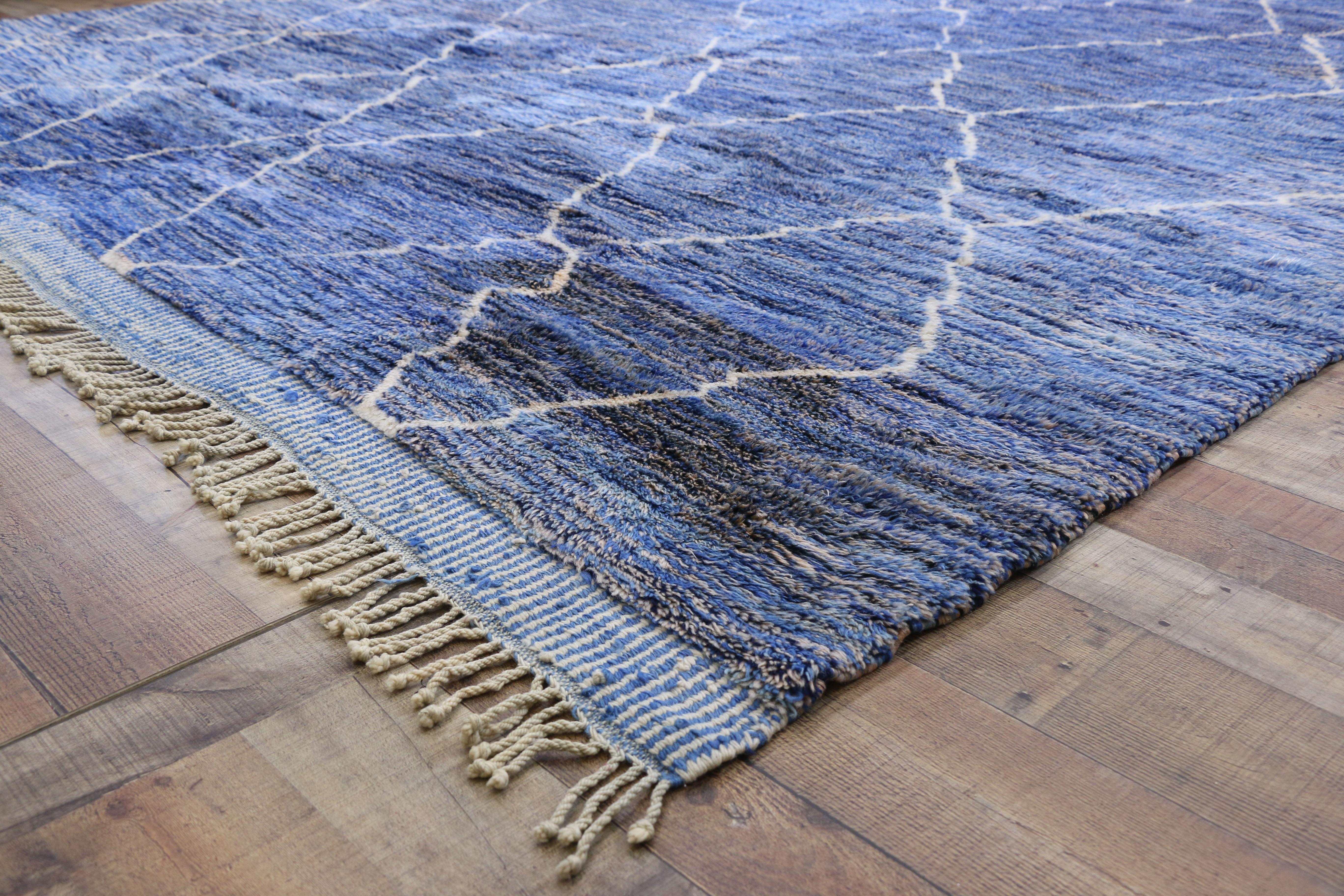 Hand-Knotted Contemporary Moroccan Rug with Postmodern Memphis Style, Blue Berber Area Rug