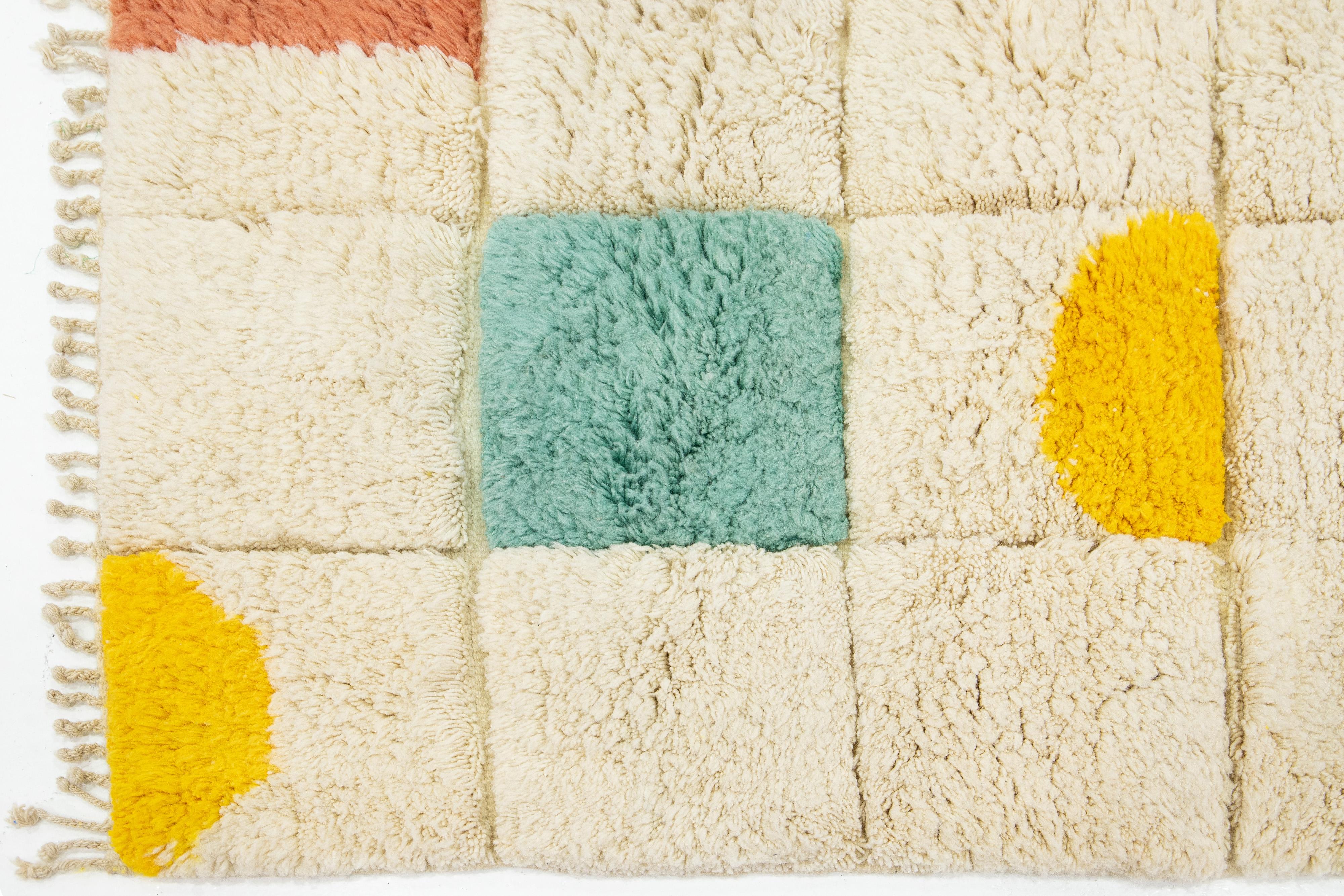 Contemporary Moroccan Shag Wool Rug Handmade In Beige With Geometric Pattern For Sale 2