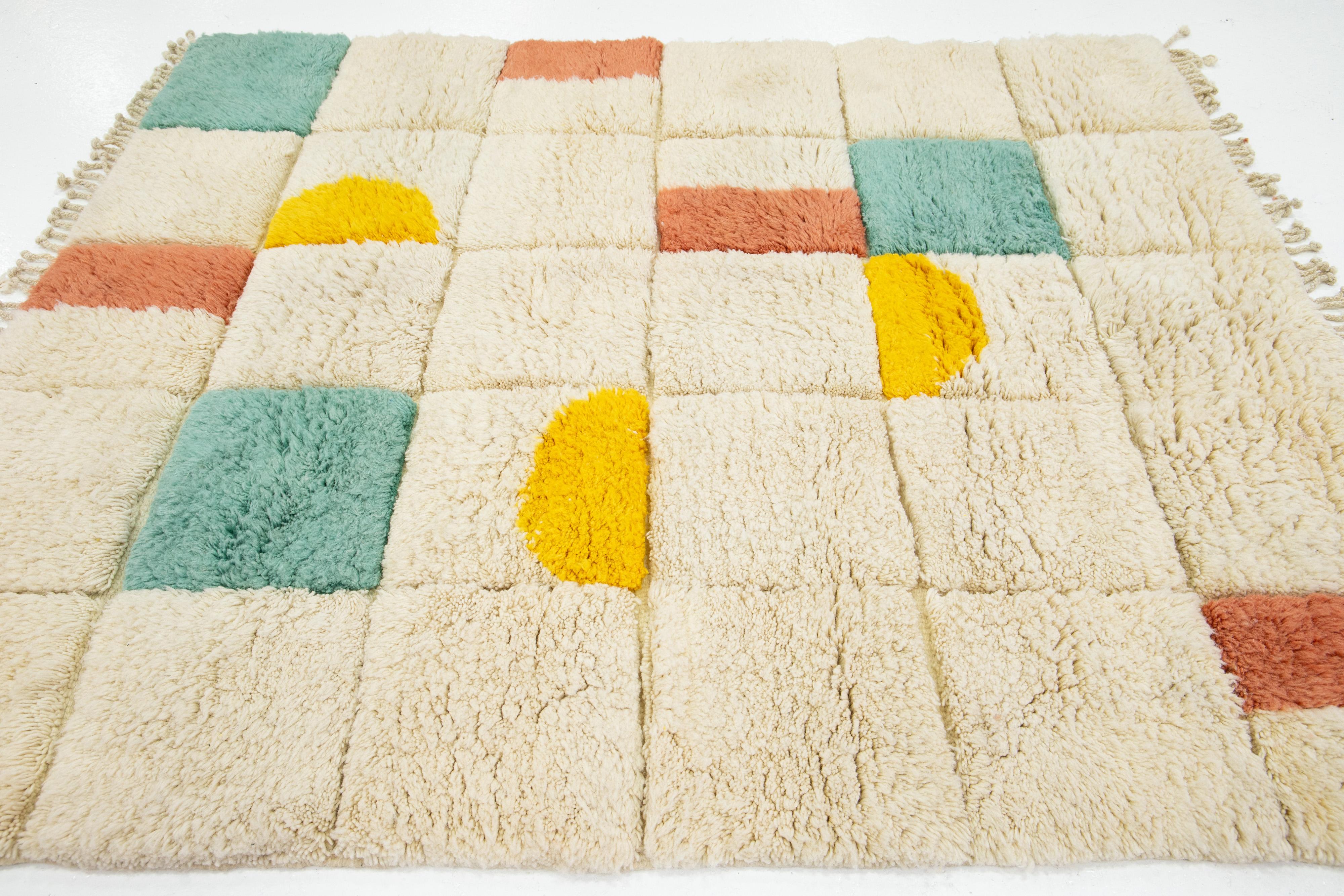Contemporary Moroccan Shag Wool Rug Handmade In Beige With Geometric Pattern For Sale 3