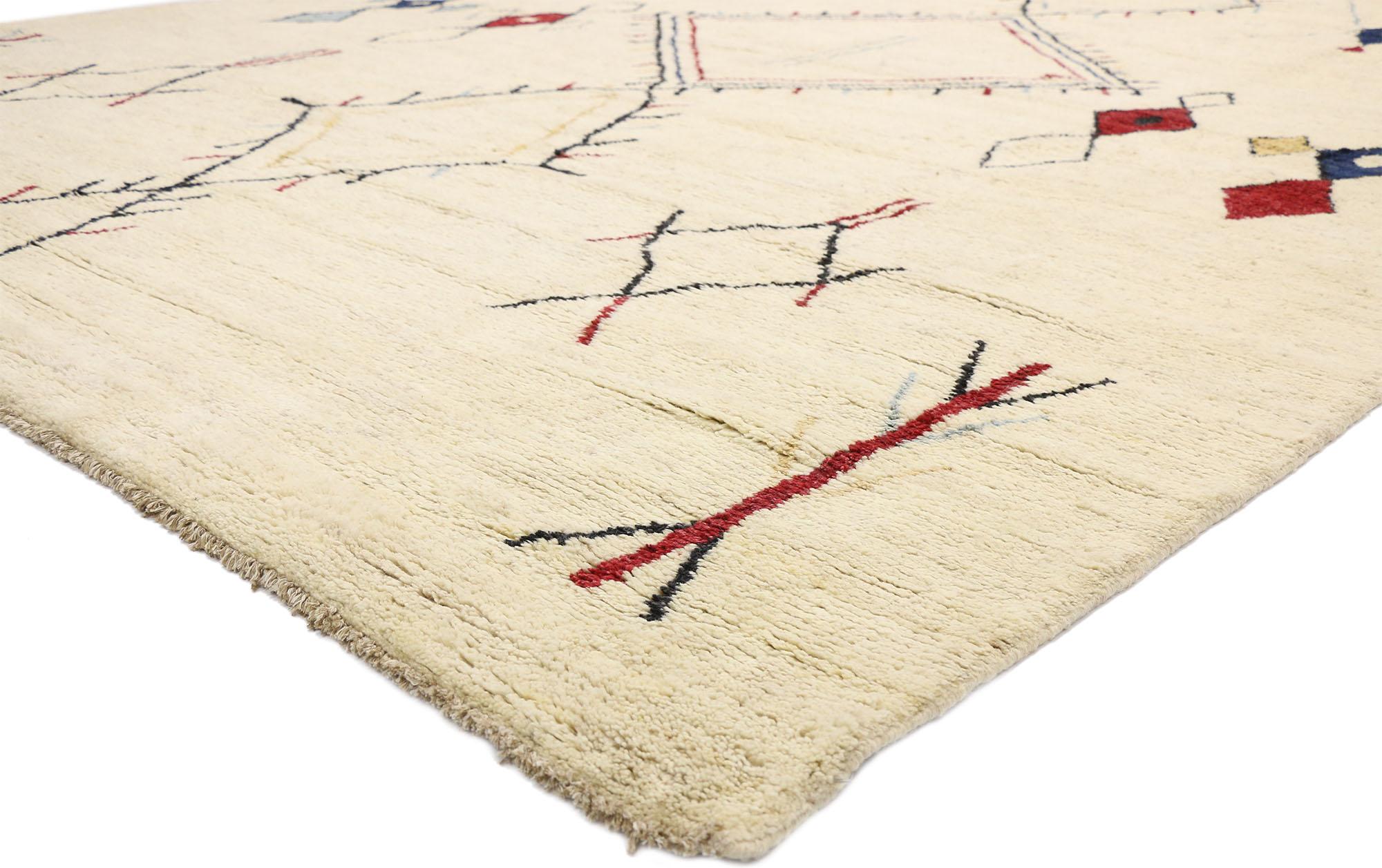 80474, contemporary Moroccan style area rug with modern tribal design. This is a beautiful example of a contemporary Moroccan style area rug with Modern tribal design, woven with a clean and simple, yet sophisticated composition. It features a