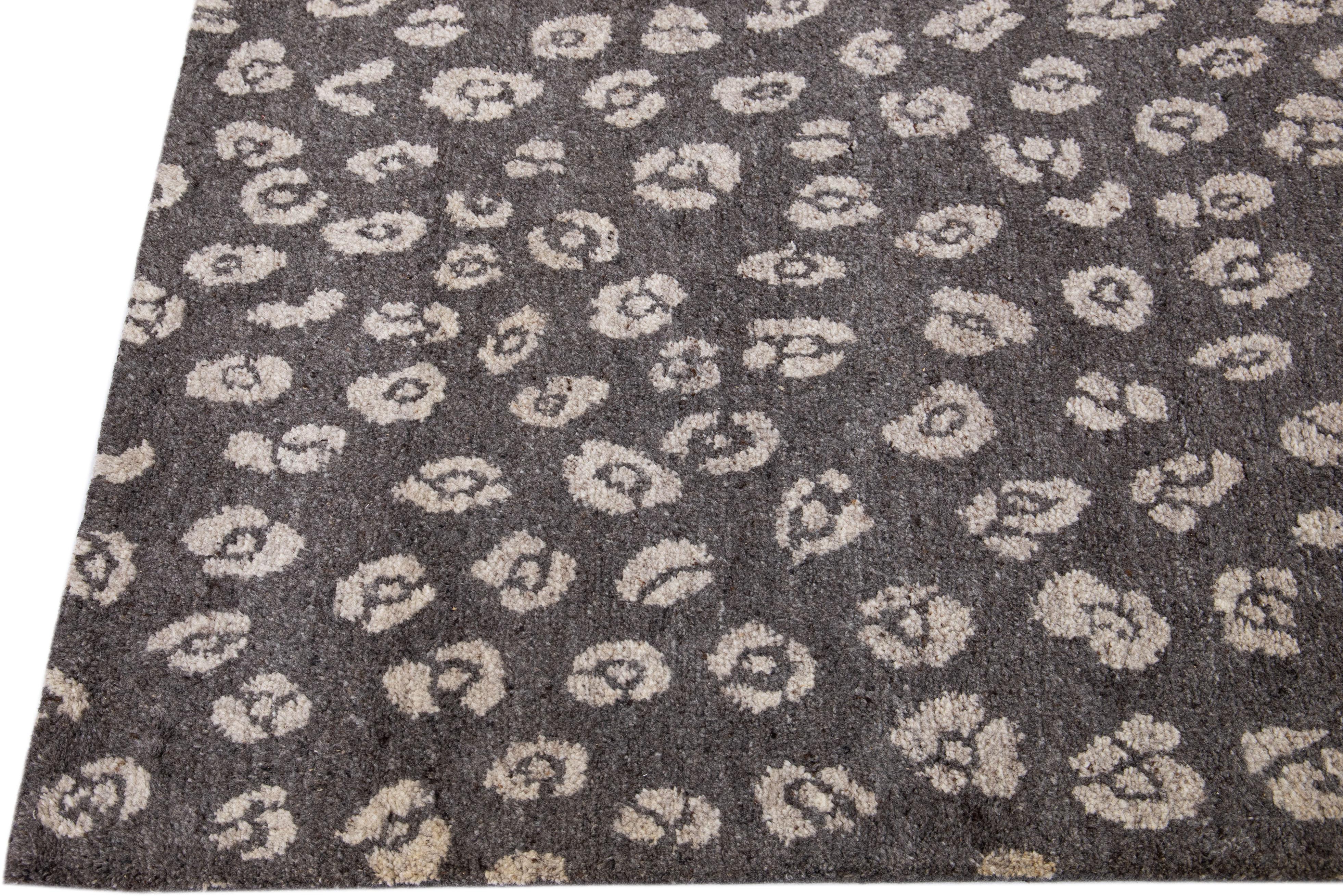 Hand-Knotted Contemporary Moroccan Style Charcoal Handmade Allover Wool & Viscose Rug For Sale