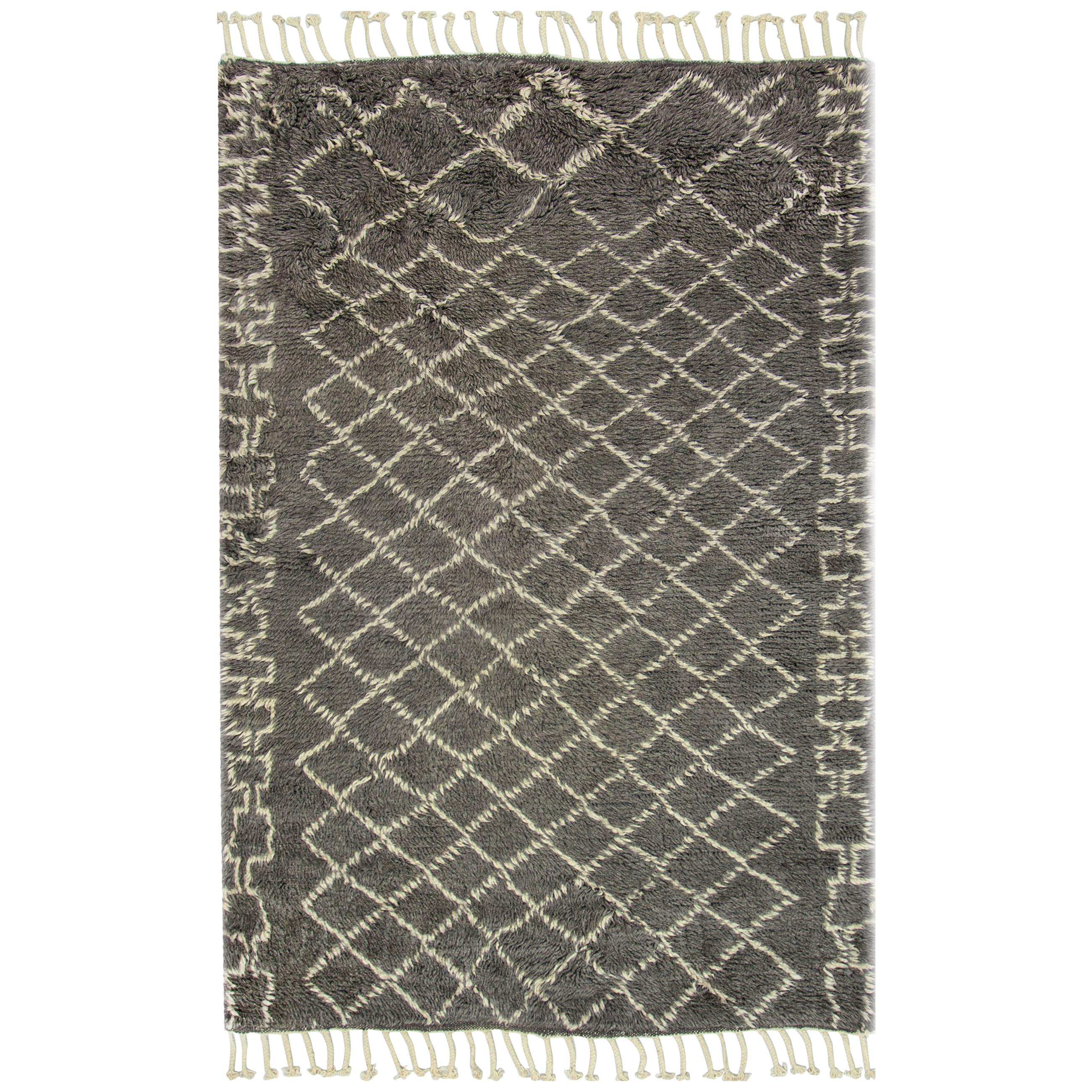 Contemporary Moroccan Style Gray and Ivory Wool Rug with Tribal Pattern For Sale