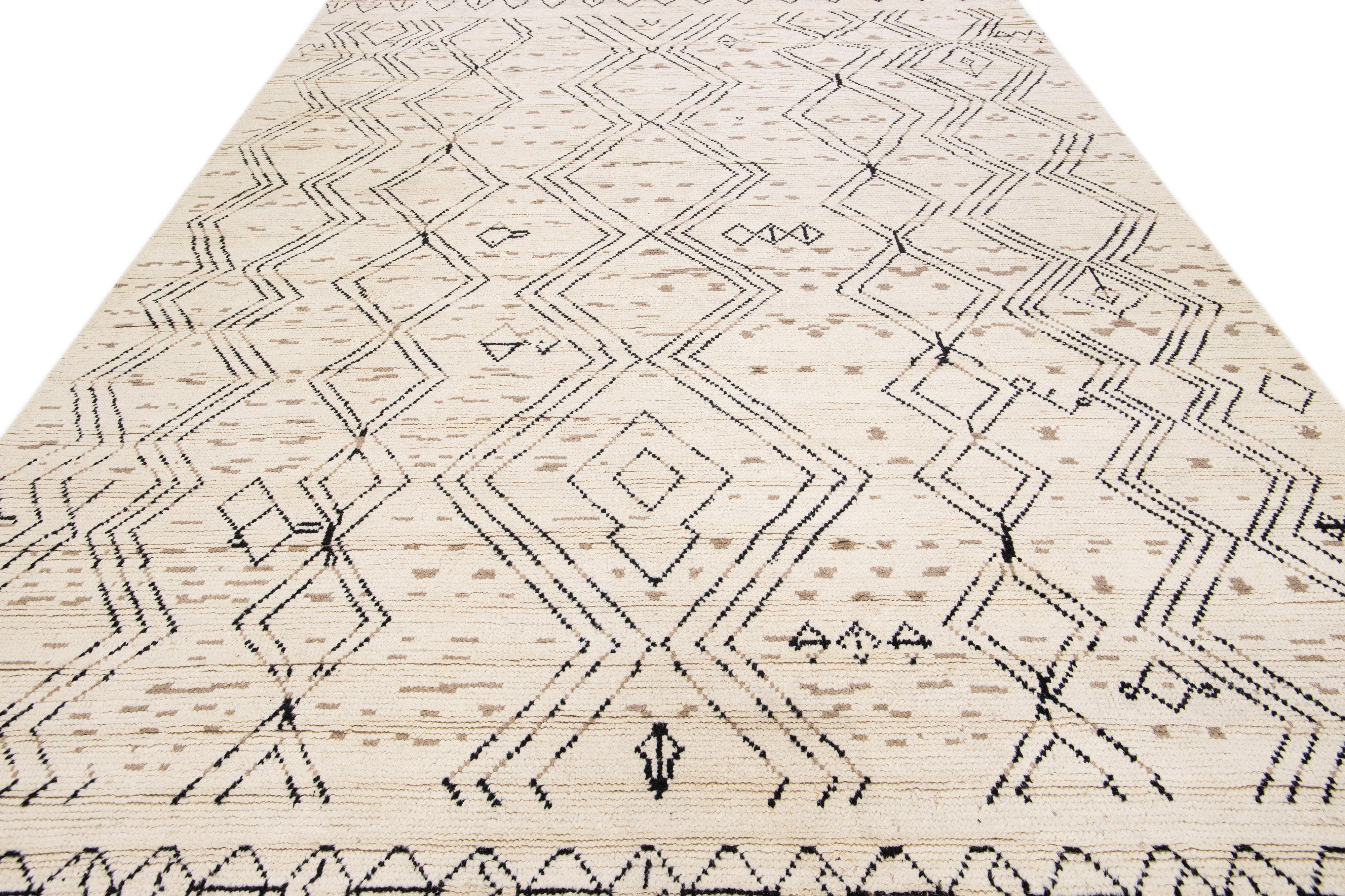 Modern Contemporary Moroccan Style Handmade Ivory Wool Rug With Tribal Design For Sale
