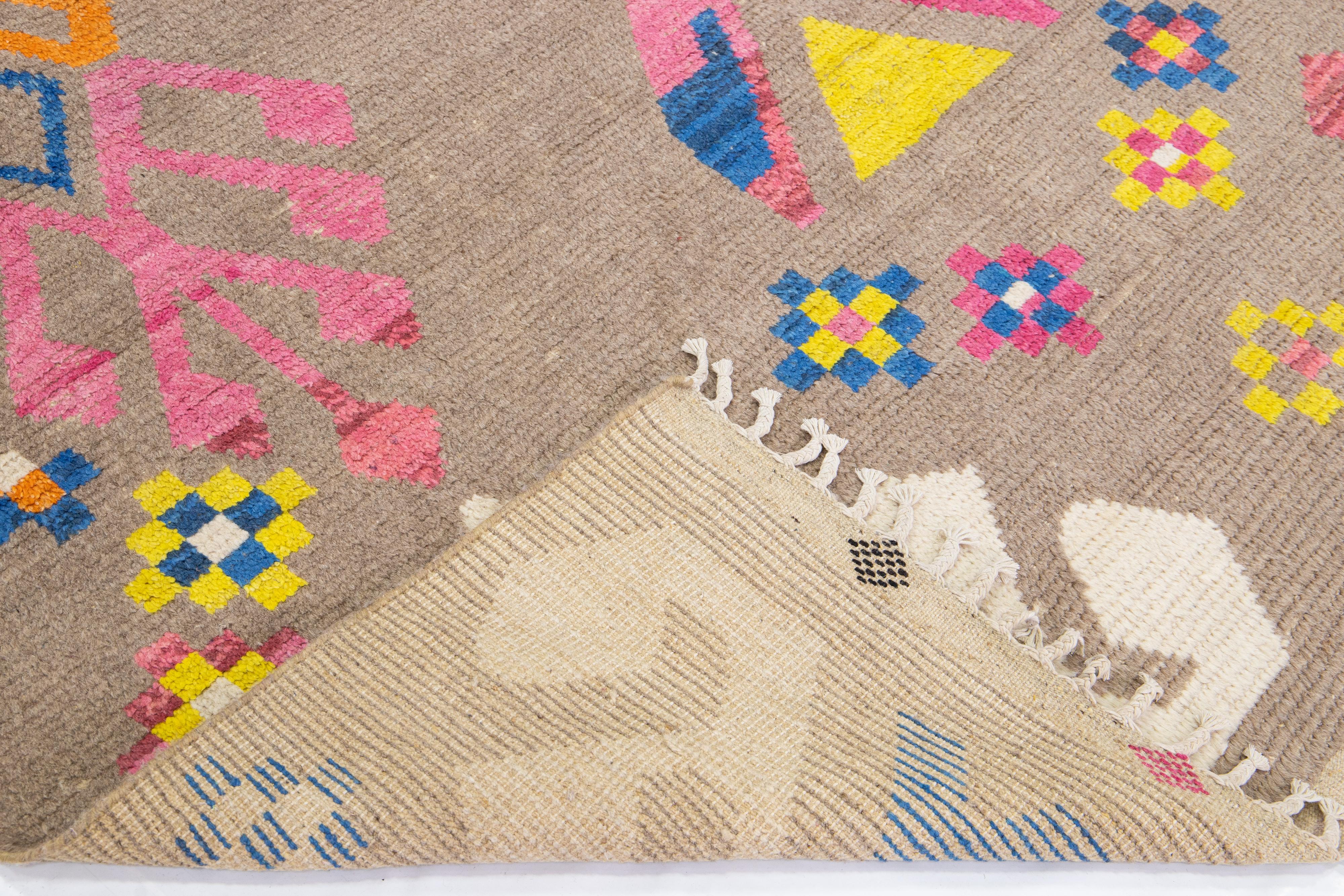 Organic Modern Contemporary Moroccan Style Handmade Multicolor Pattern Wool Rug For Sale
