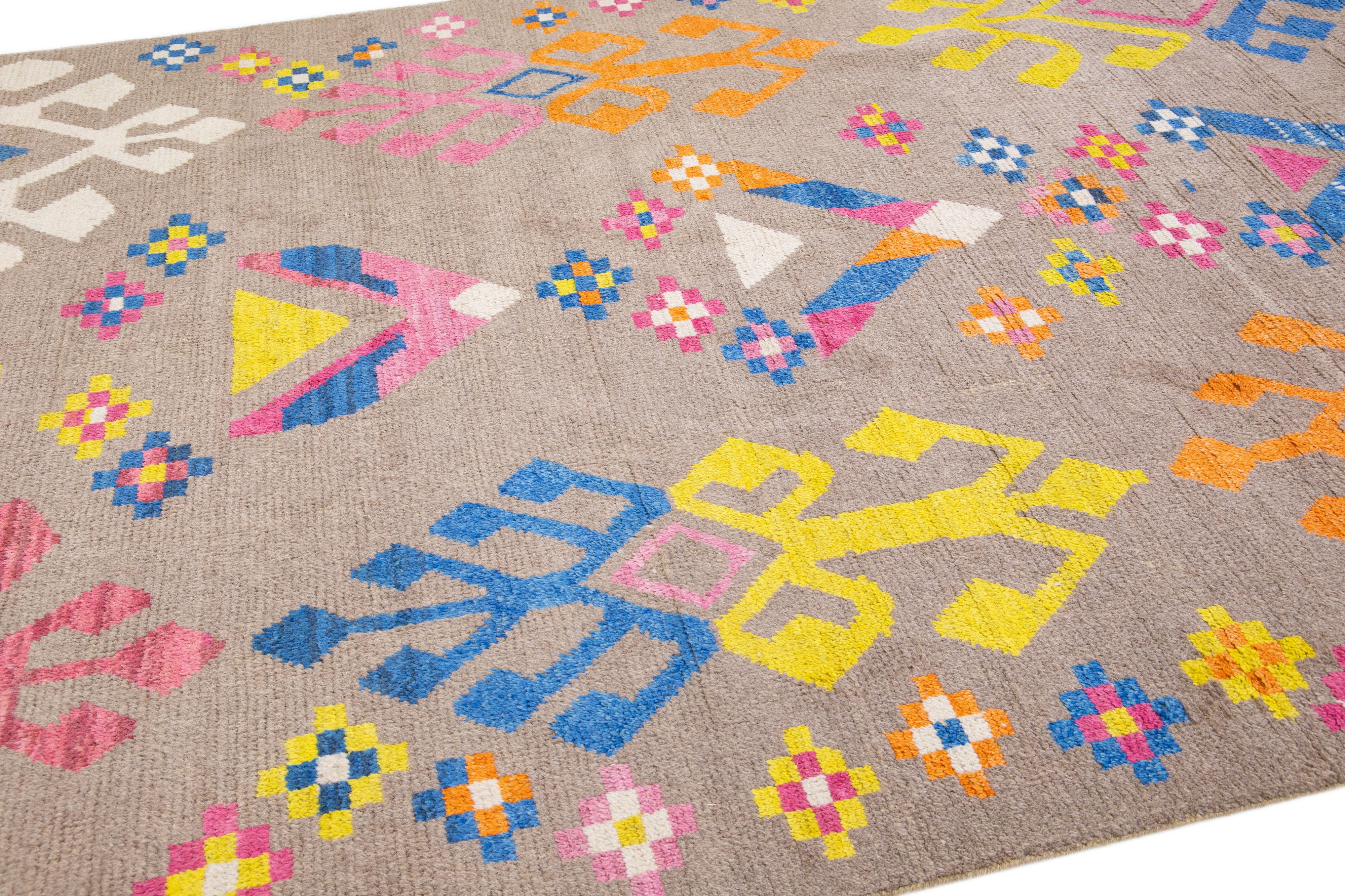 Afghan Contemporary Moroccan Style Handmade Multicolor Pattern Wool Rug For Sale