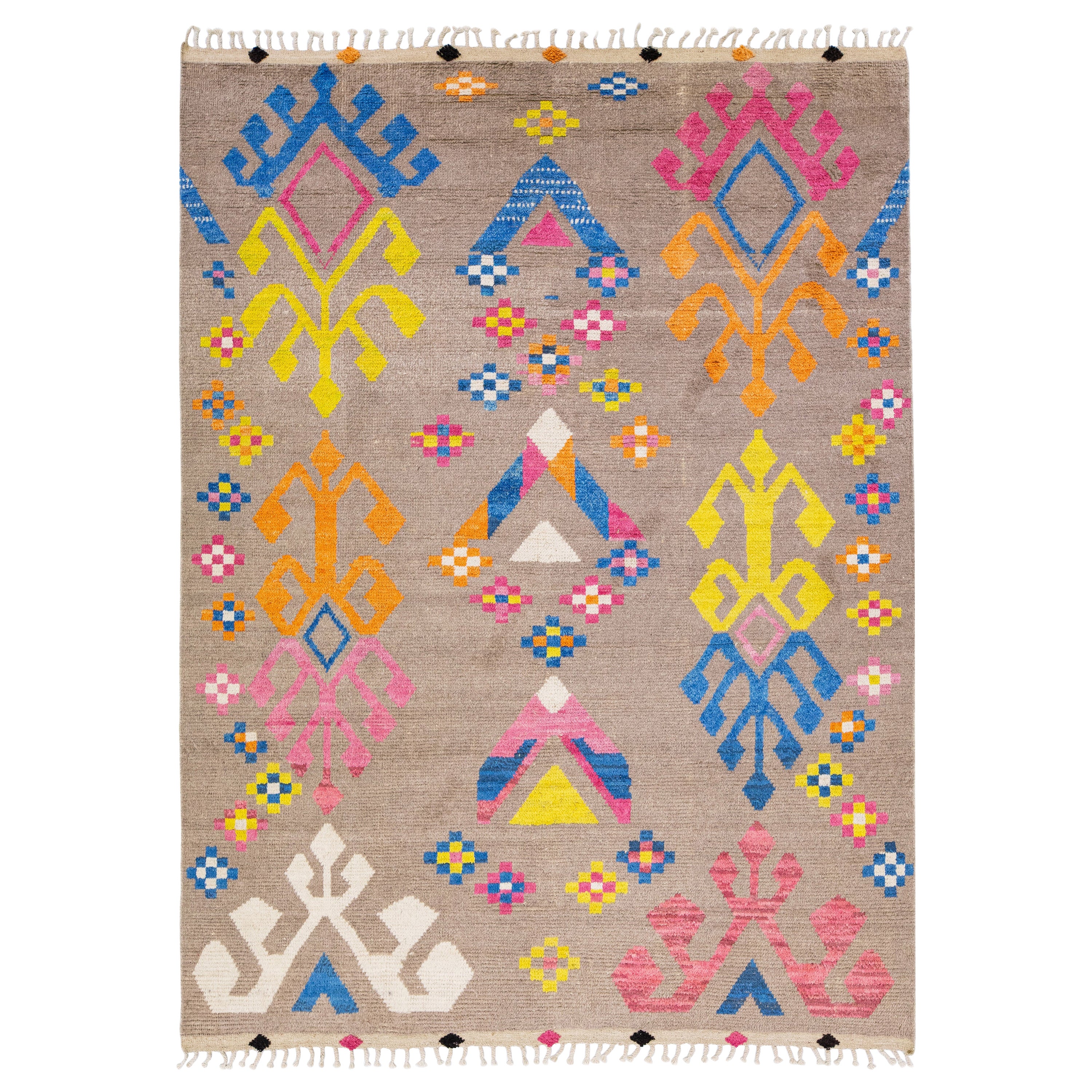 Contemporary Moroccan Style Handmade Multicolor Pattern Wool Rug