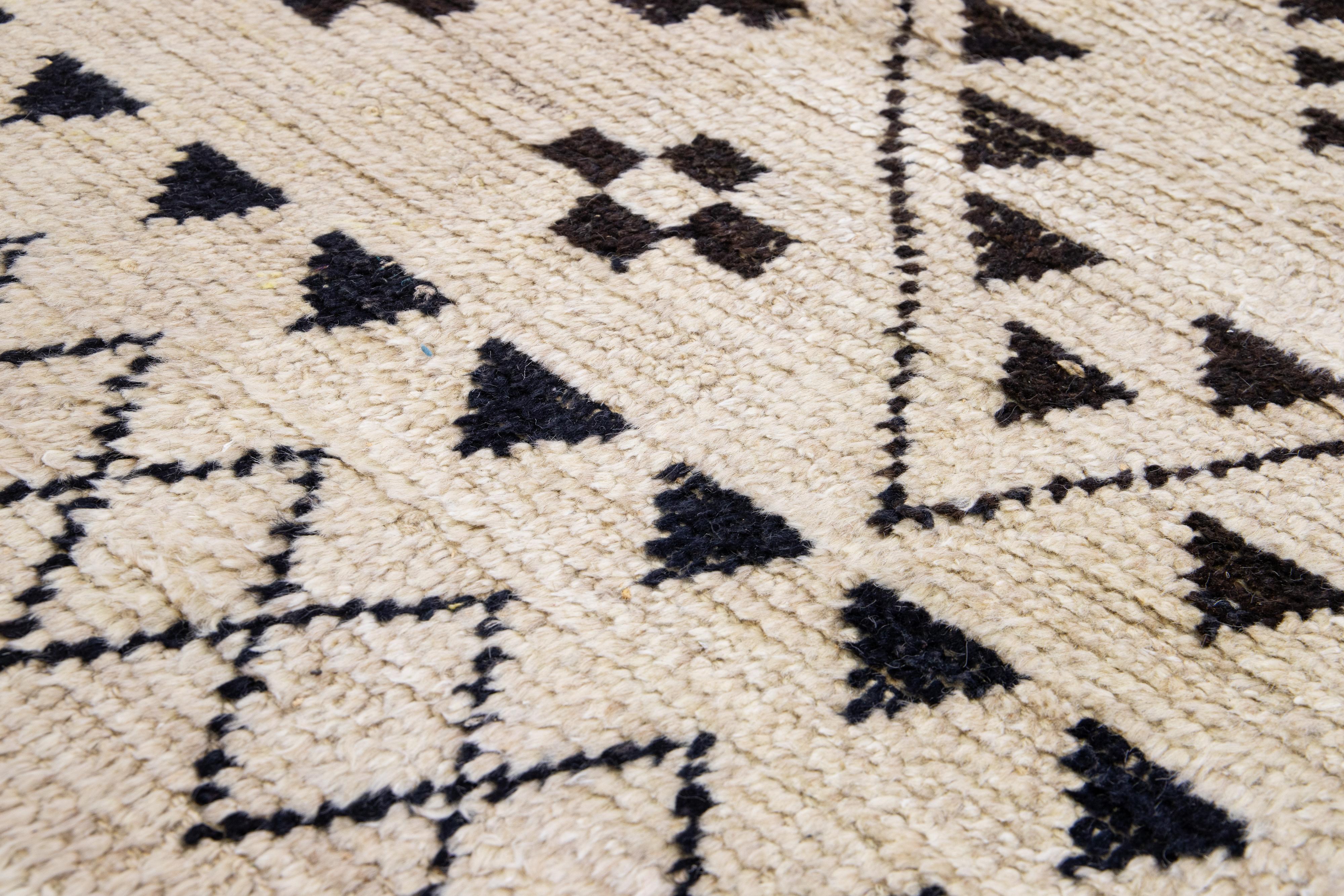Contemporary Moroccan Style Handmade Tribal Beige Wool Rug For Sale 4