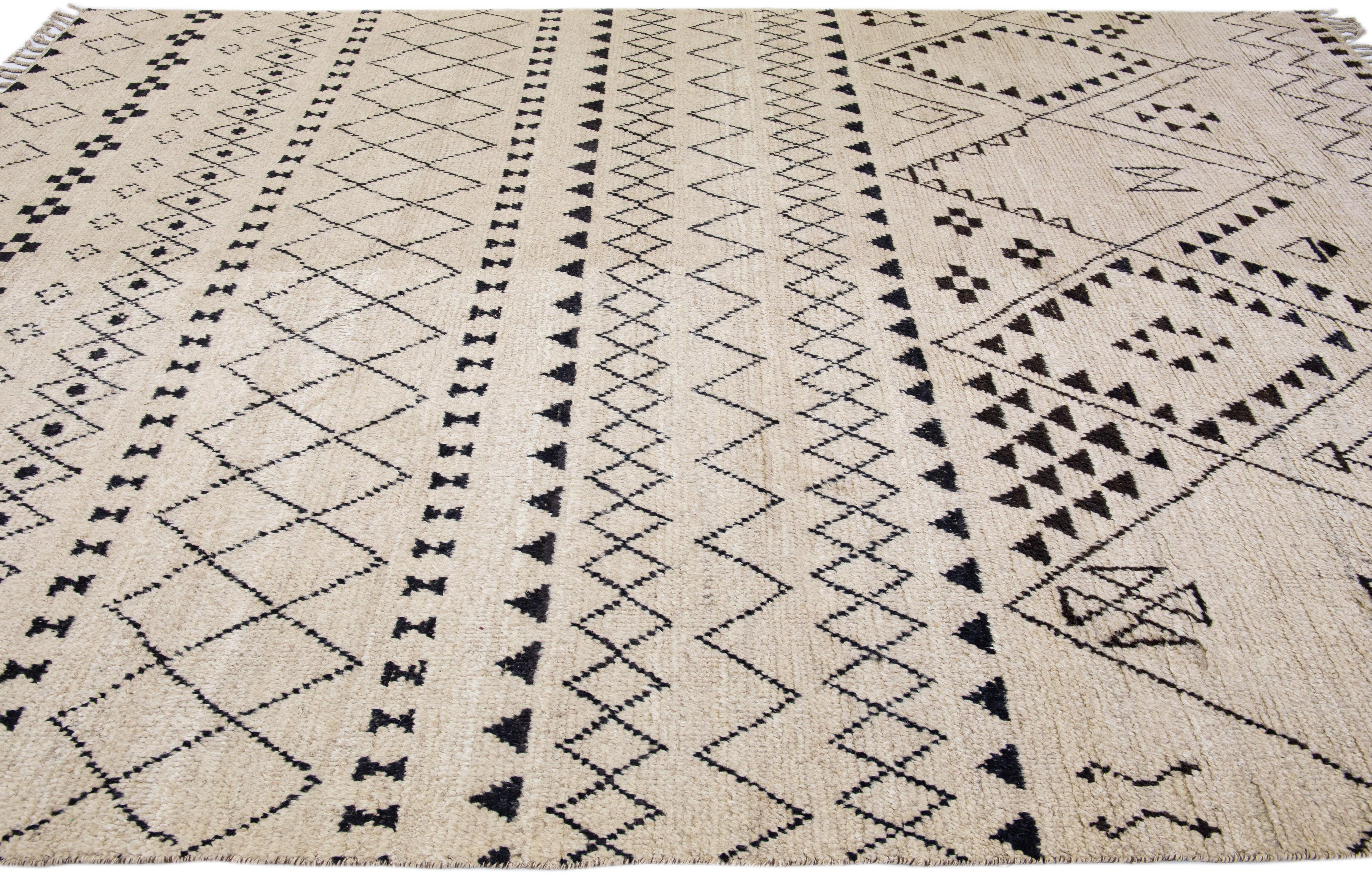 Modern Contemporary Moroccan Style Handmade Tribal Beige Wool Rug For Sale