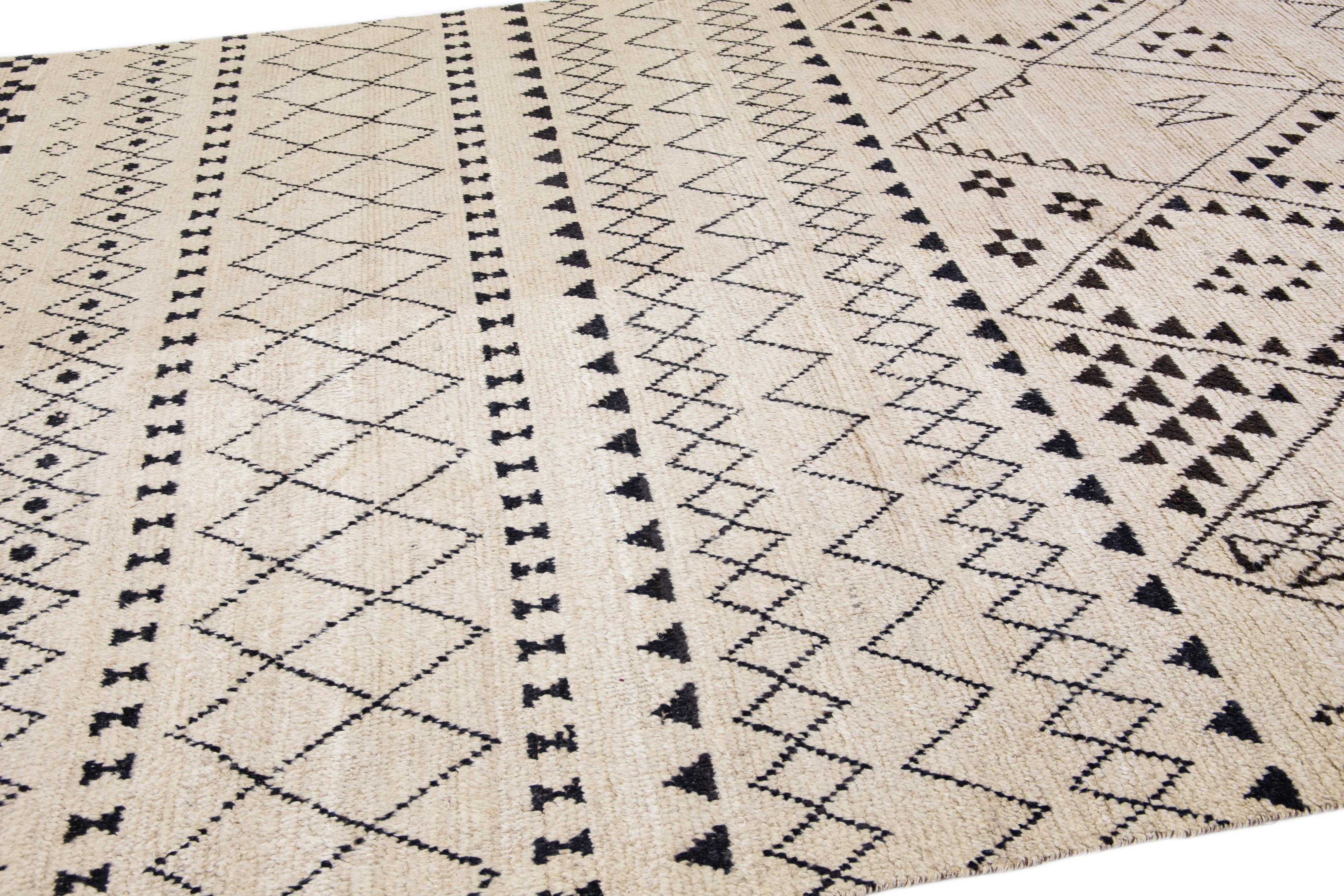 Hand-Knotted Contemporary Moroccan Style Handmade Tribal Beige Wool Rug For Sale
